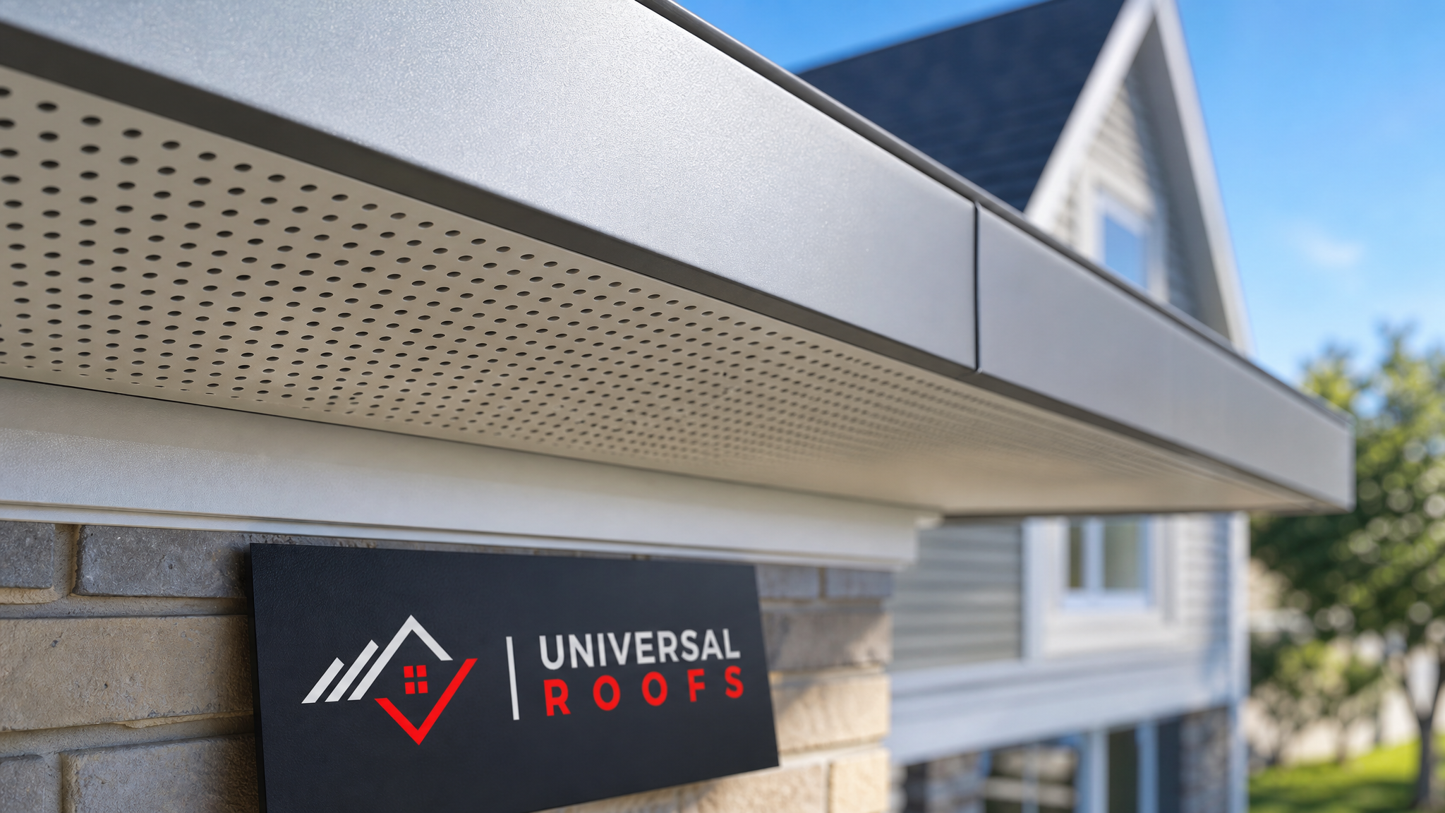 Close-up detail of vented aluminum soffit panel and fascia joint on a Toronto home roofline