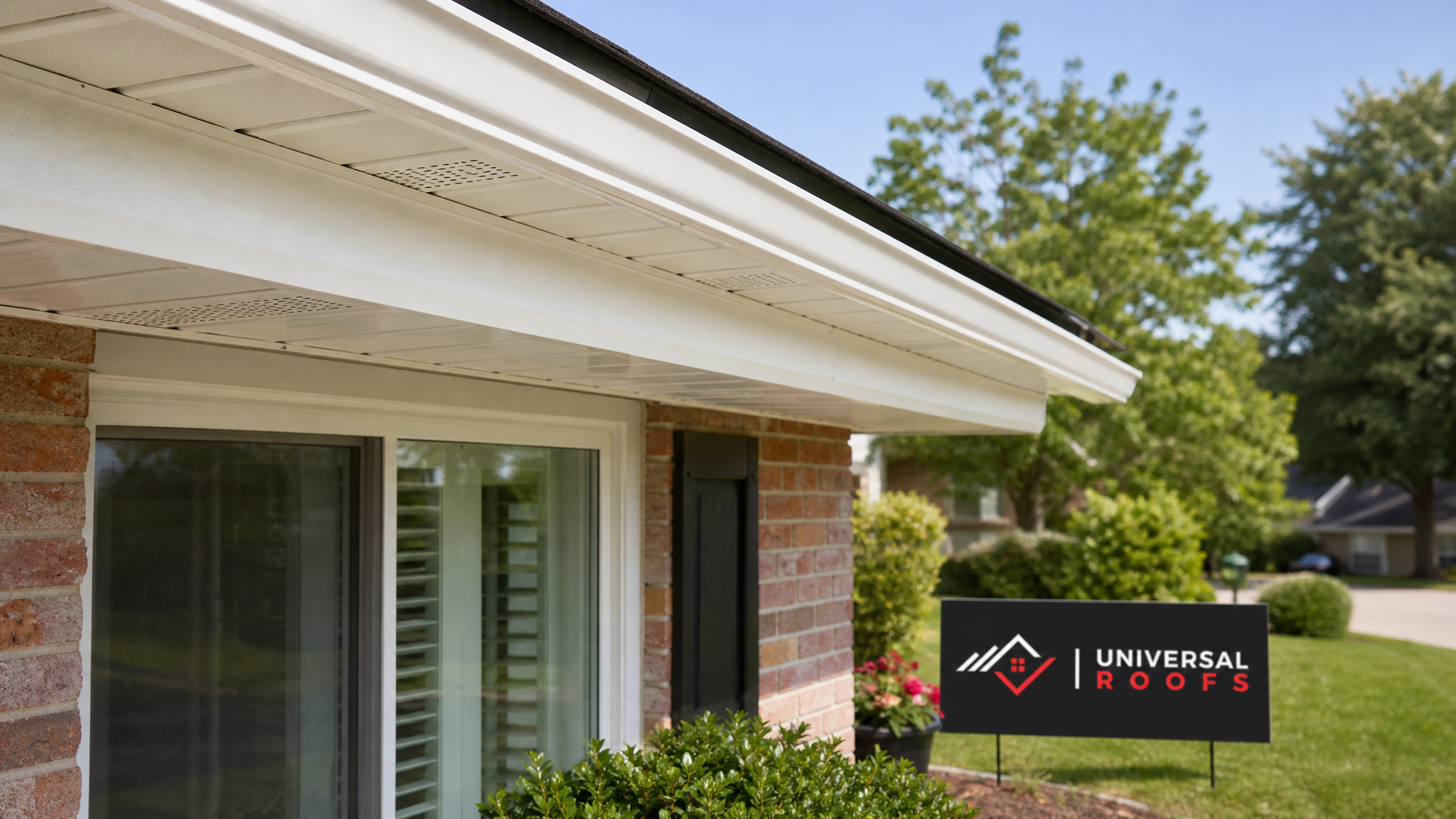 Freshly repaired white soffit and fascia along the eaves of a Toronto home in summer daylight