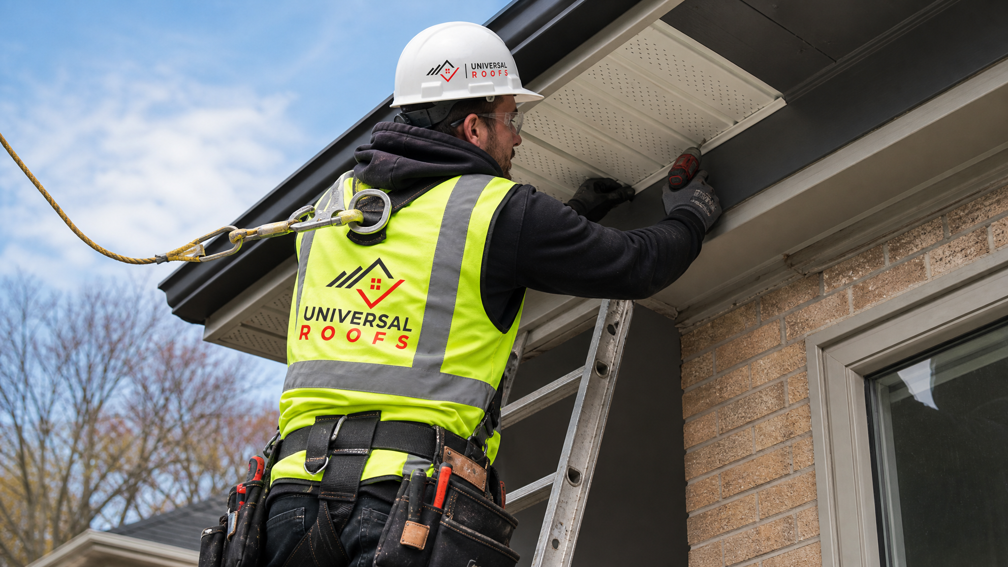 Roofer wearing full safety harness repairing aluminum soffit panels under a roof overhang on a Toronto home