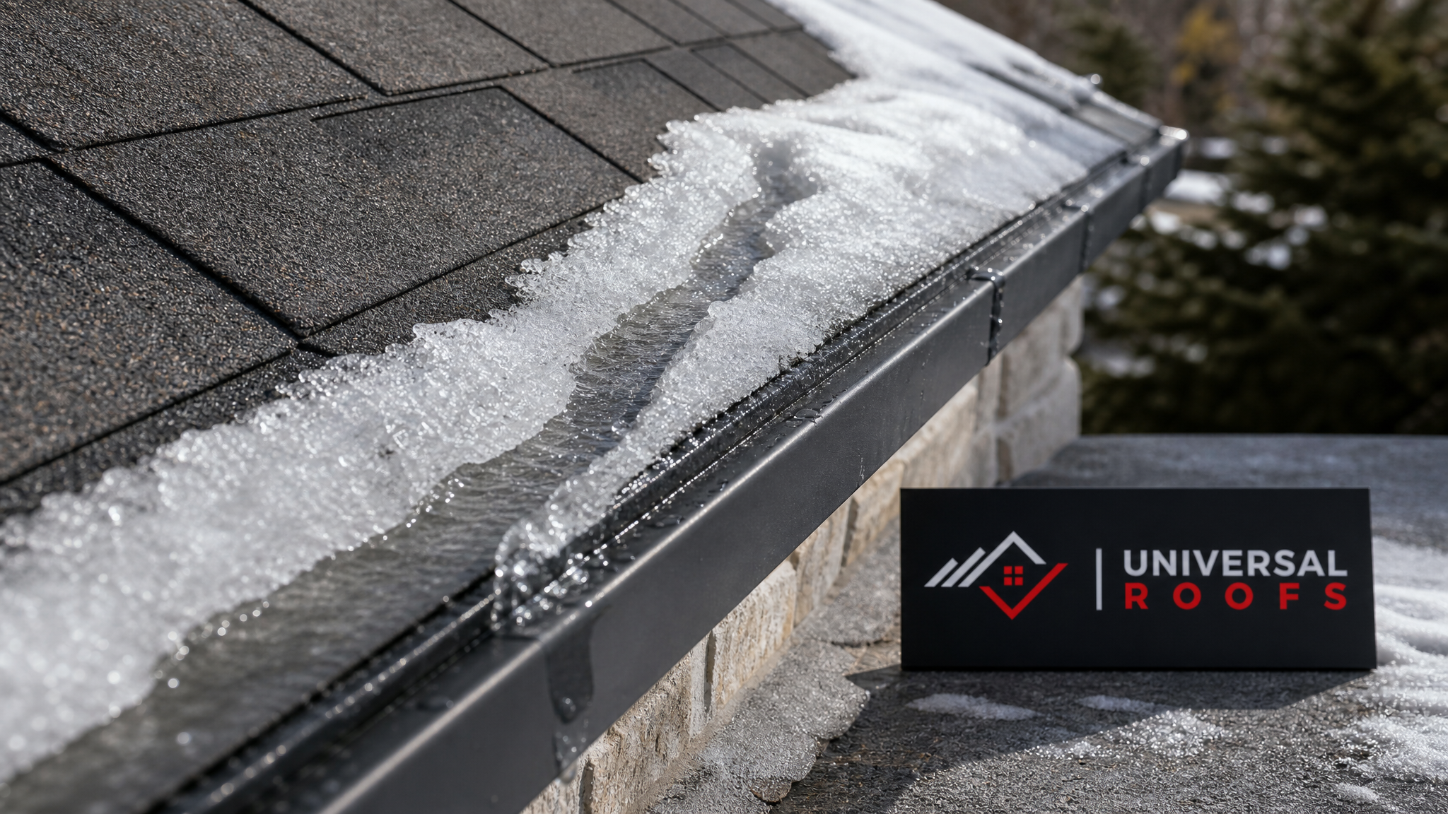 Close-up of a roof eave and ice dam edge showing melted channel after professional snow and ice removal