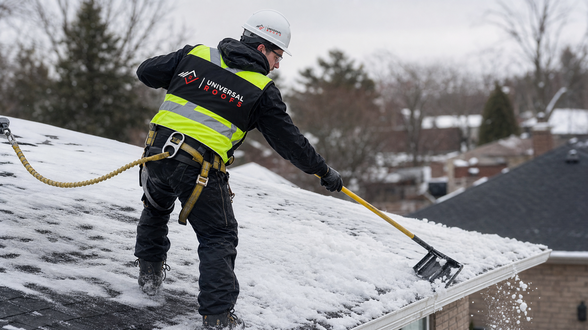 Roofing technician in full safety harness removing snow from a residential roof edge in the GTA