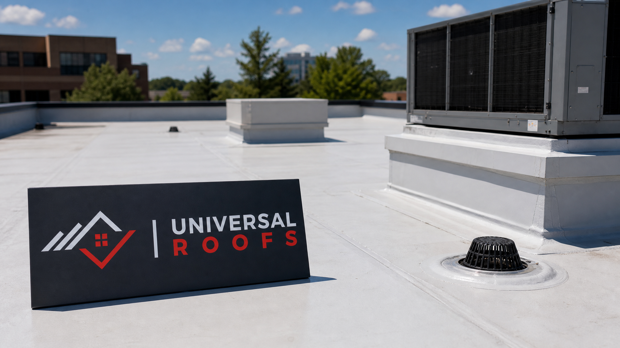 Finished commercial flat roof with fully waterproofed membrane under summer daylight in Toronto