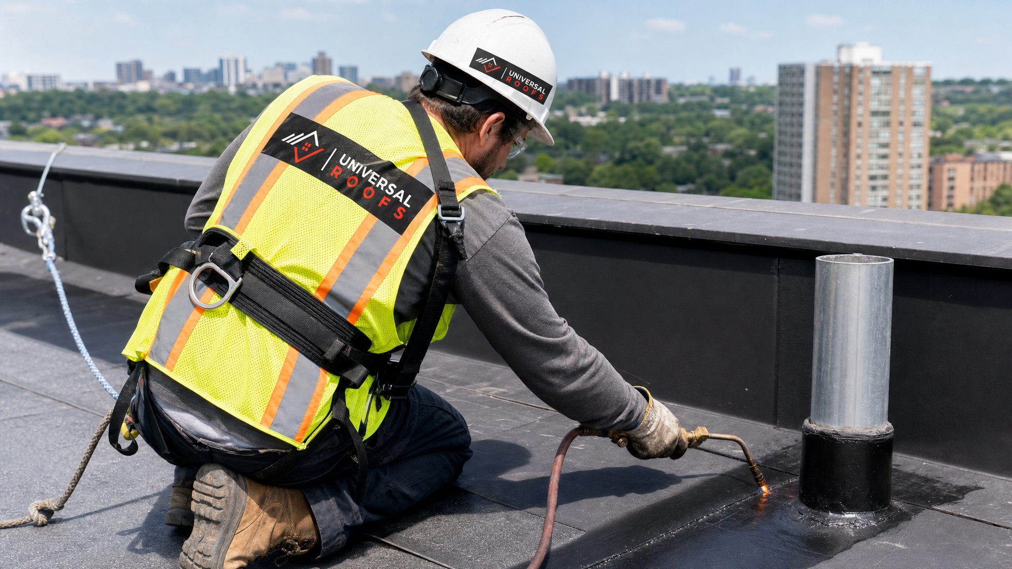 Roofing technician in full safety harness applying waterproof membrane seal at a commercial roof penetration in Toronto