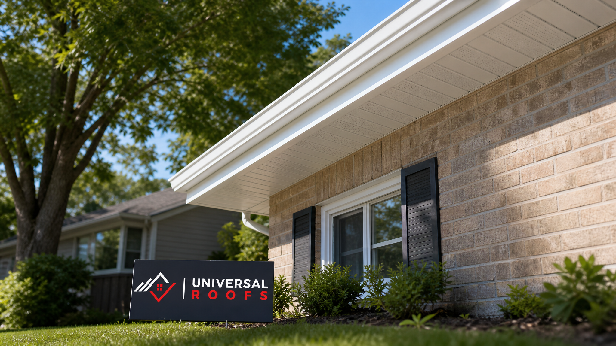 Newly repaired white aluminum soffit and fascia on a Toronto home under summer daylight