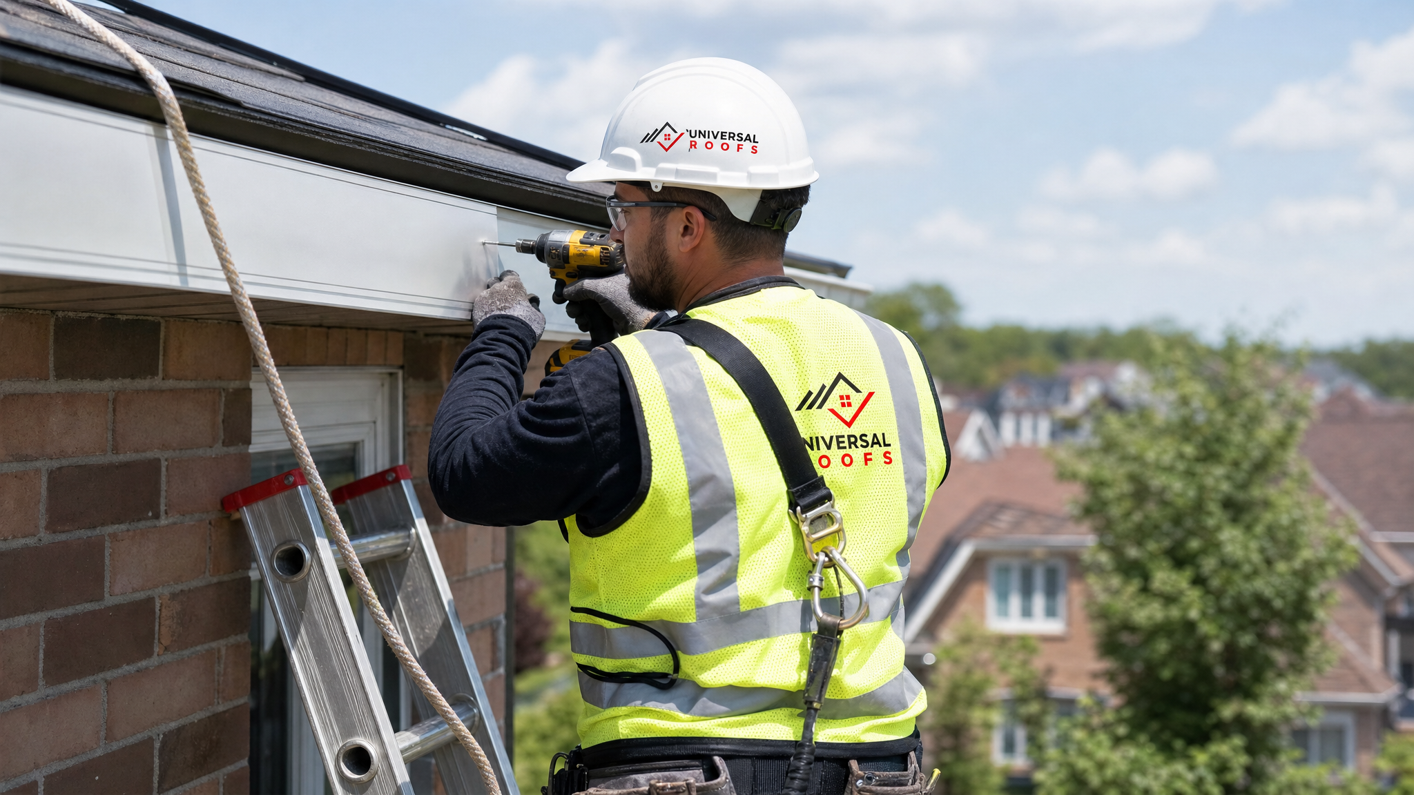 Roofer wearing full safety harness repairing fascia board at the roofline of a Toronto home