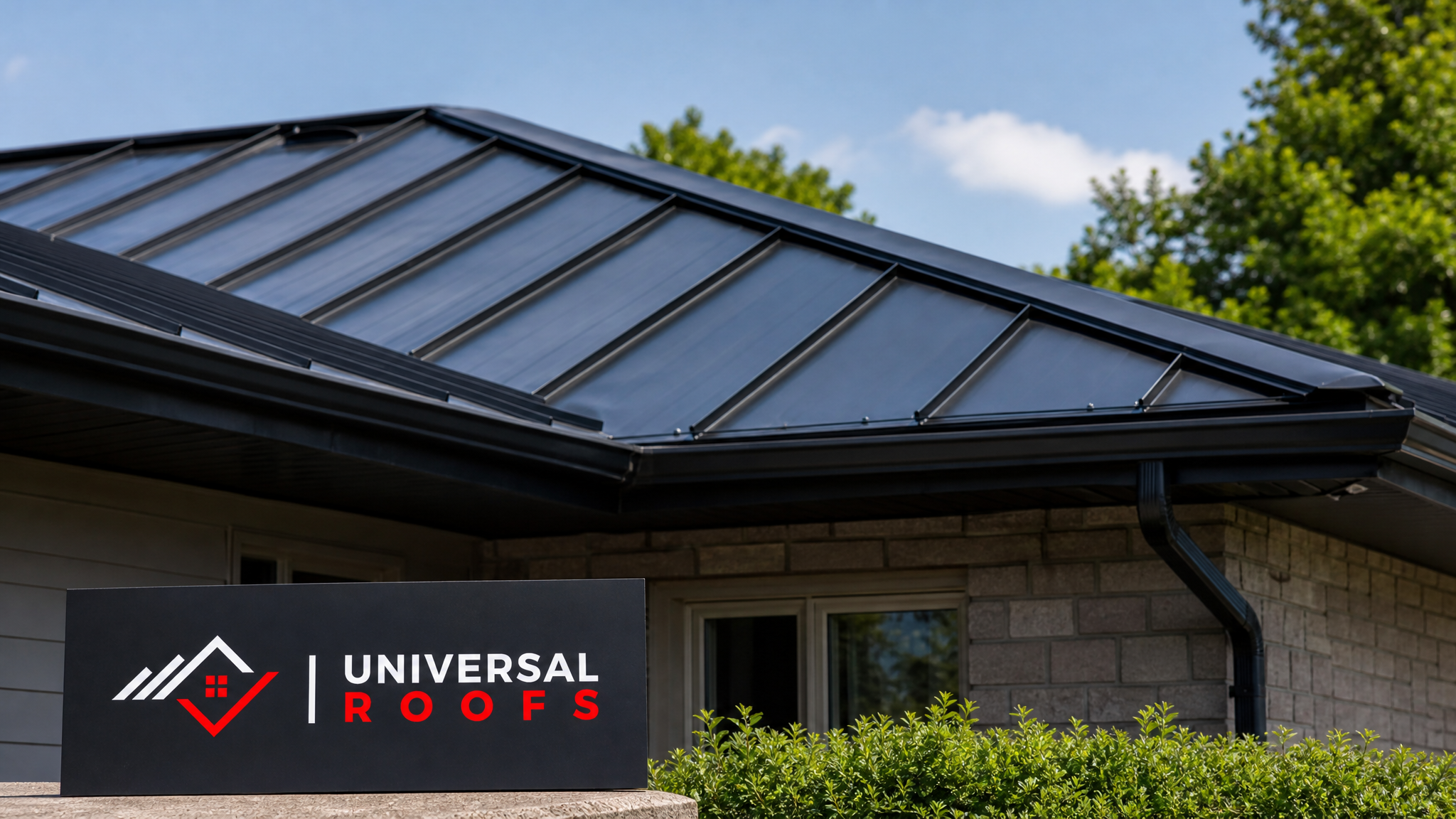 Freshly repaired standing seam metal roof on a Toronto home under clear summer sky