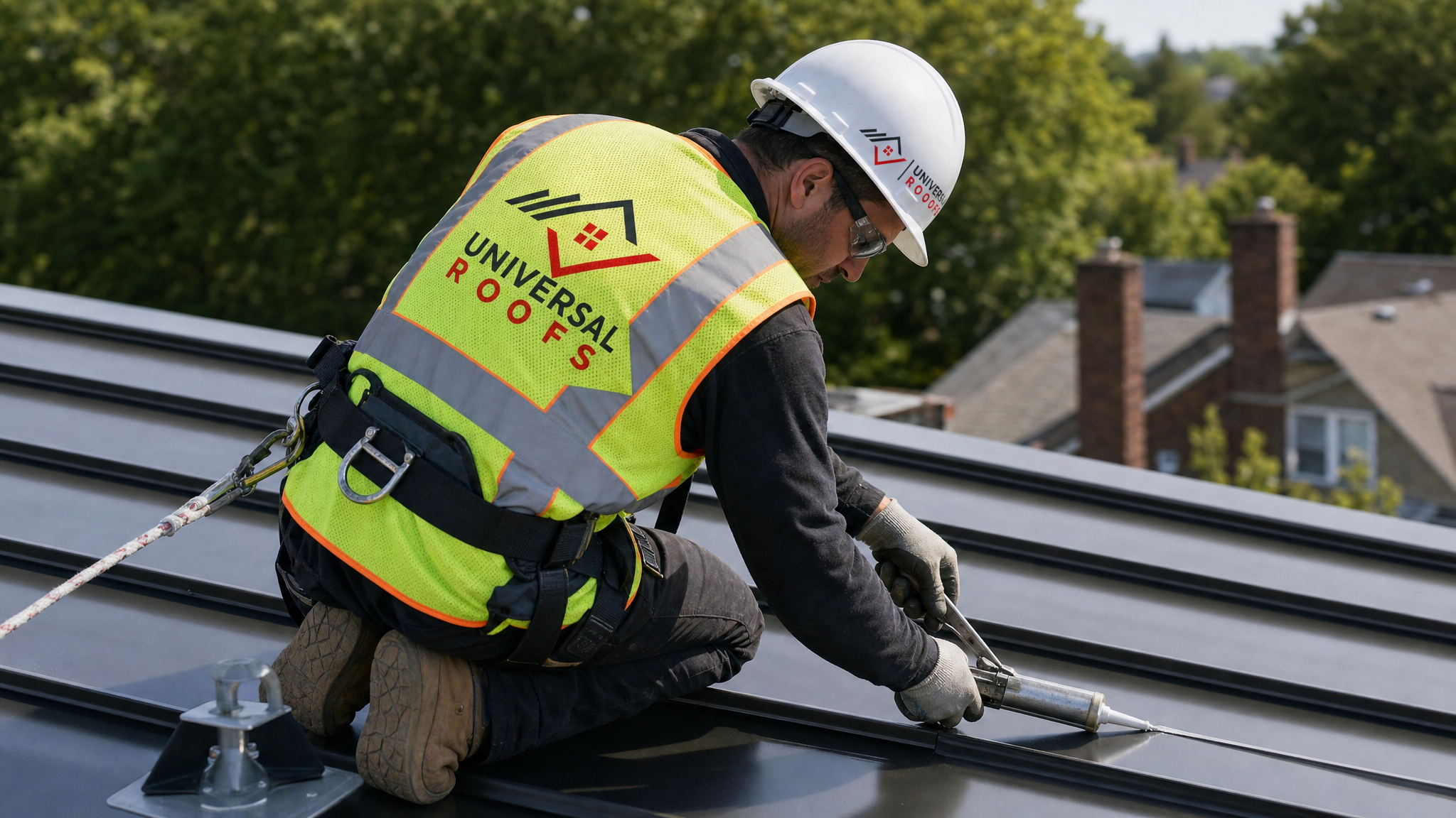 Roofer wearing full safety harness re-sealing a standing seam metal roof joint on a Toronto home