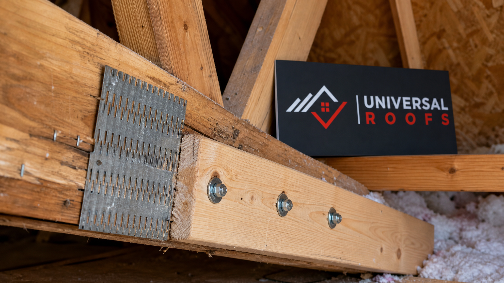 Close-up of a metal gusset plate and sistered lumber reinforcing a cracked roof truss joint
