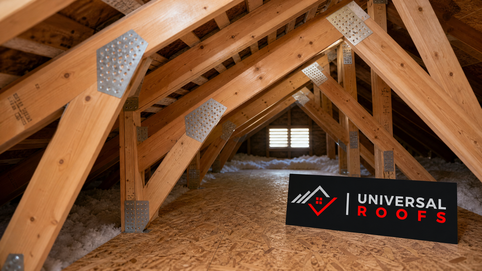 Repaired roof truss system in a Toronto-area attic showing reinforced wood framing in daylight