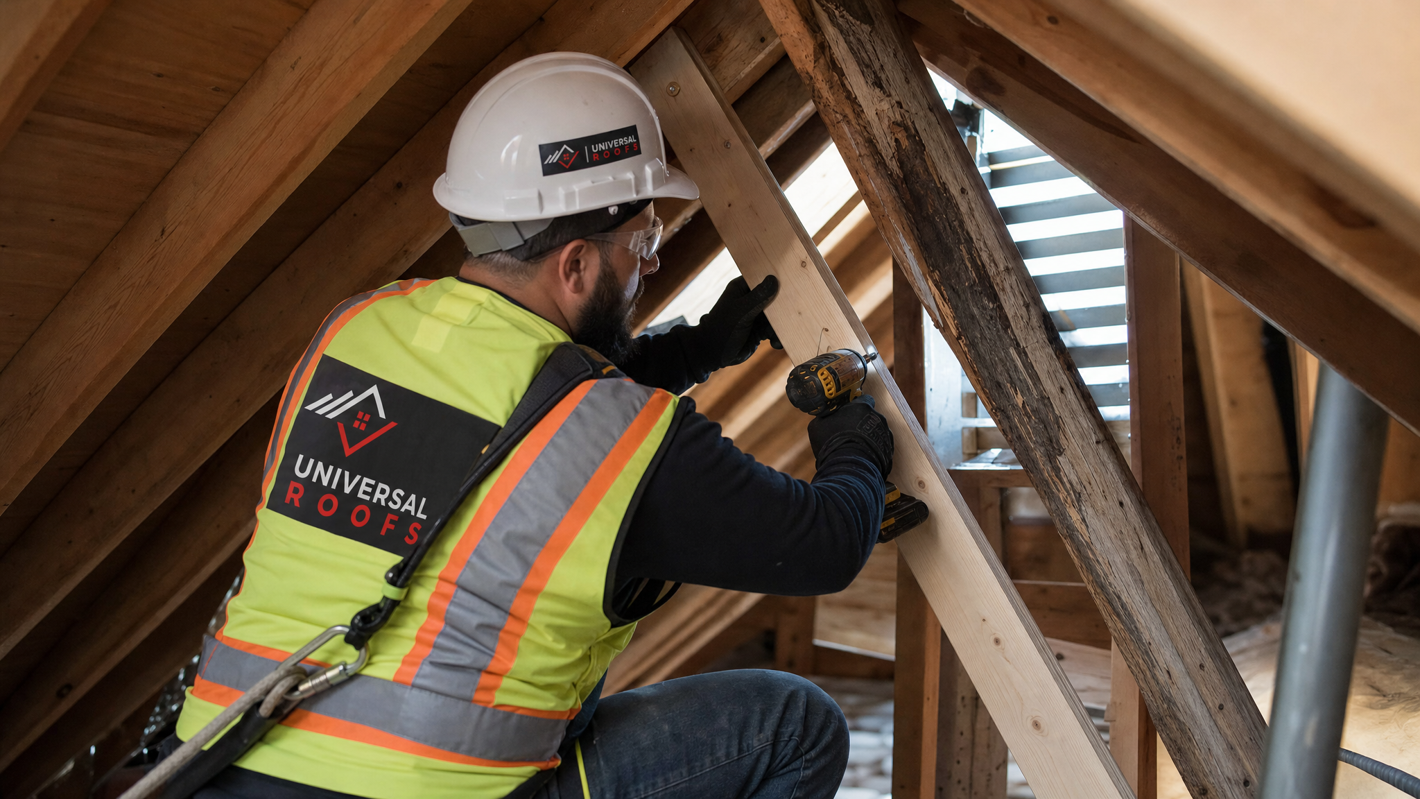 Roofing technician wearing full safety harness installing a sistered truss repair at height in a Toronto attic