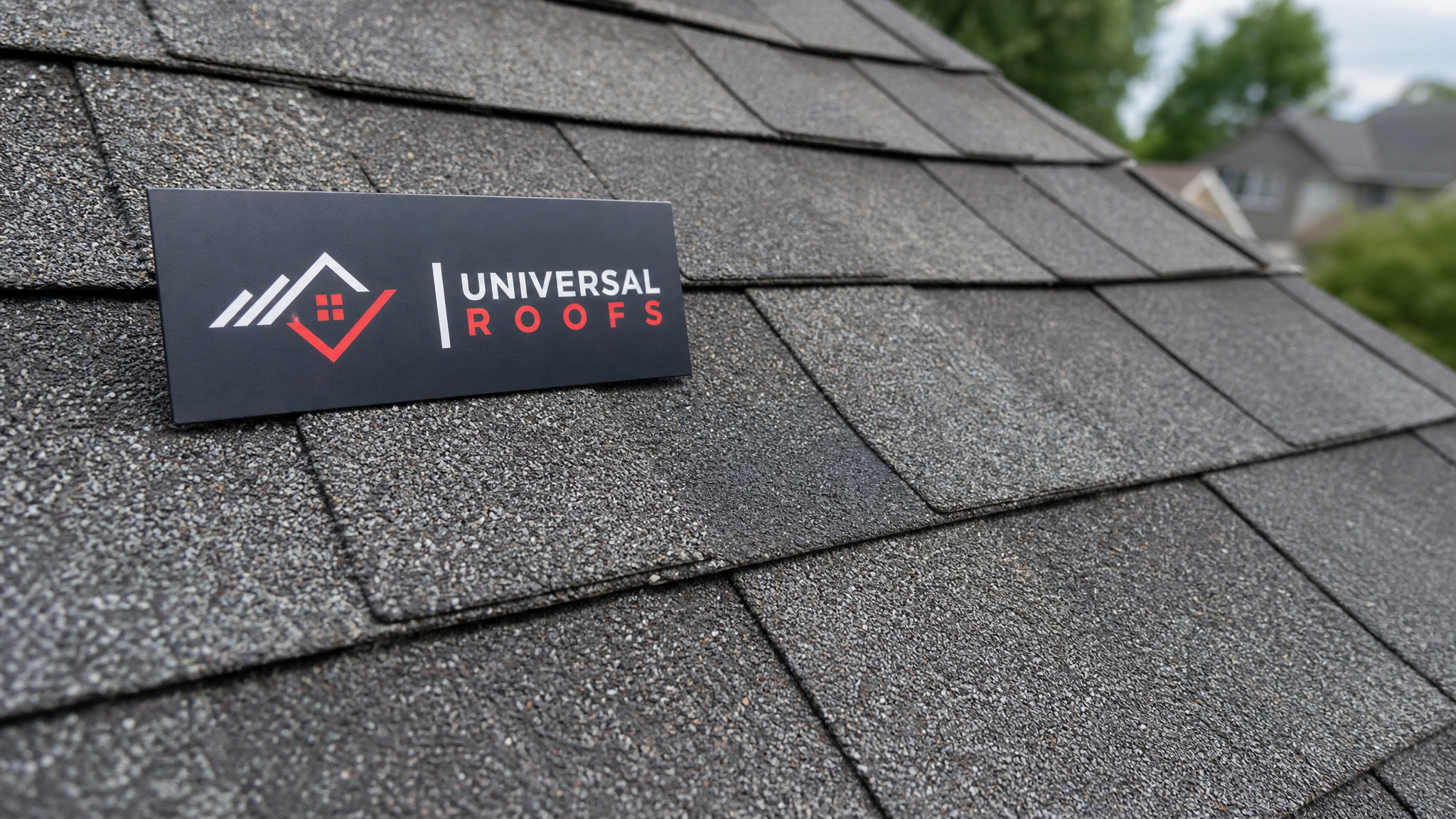 Close-up of a repaired asphalt shingle showing intact granule surface after hail damage repair, branded sign placard nearby