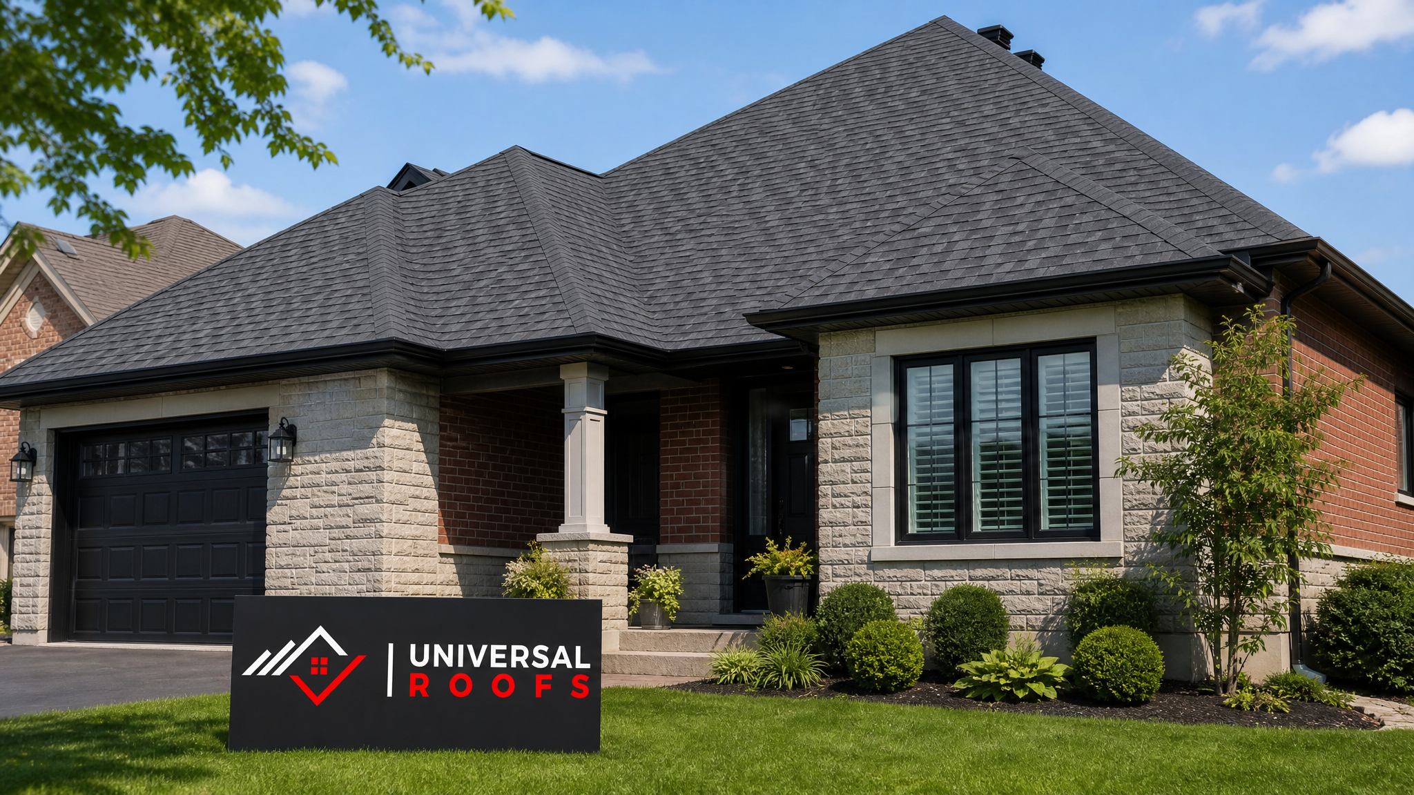 Finished asphalt shingle roof on a Toronto-area home after hail damage repair, clean shingle lines in summer daylight