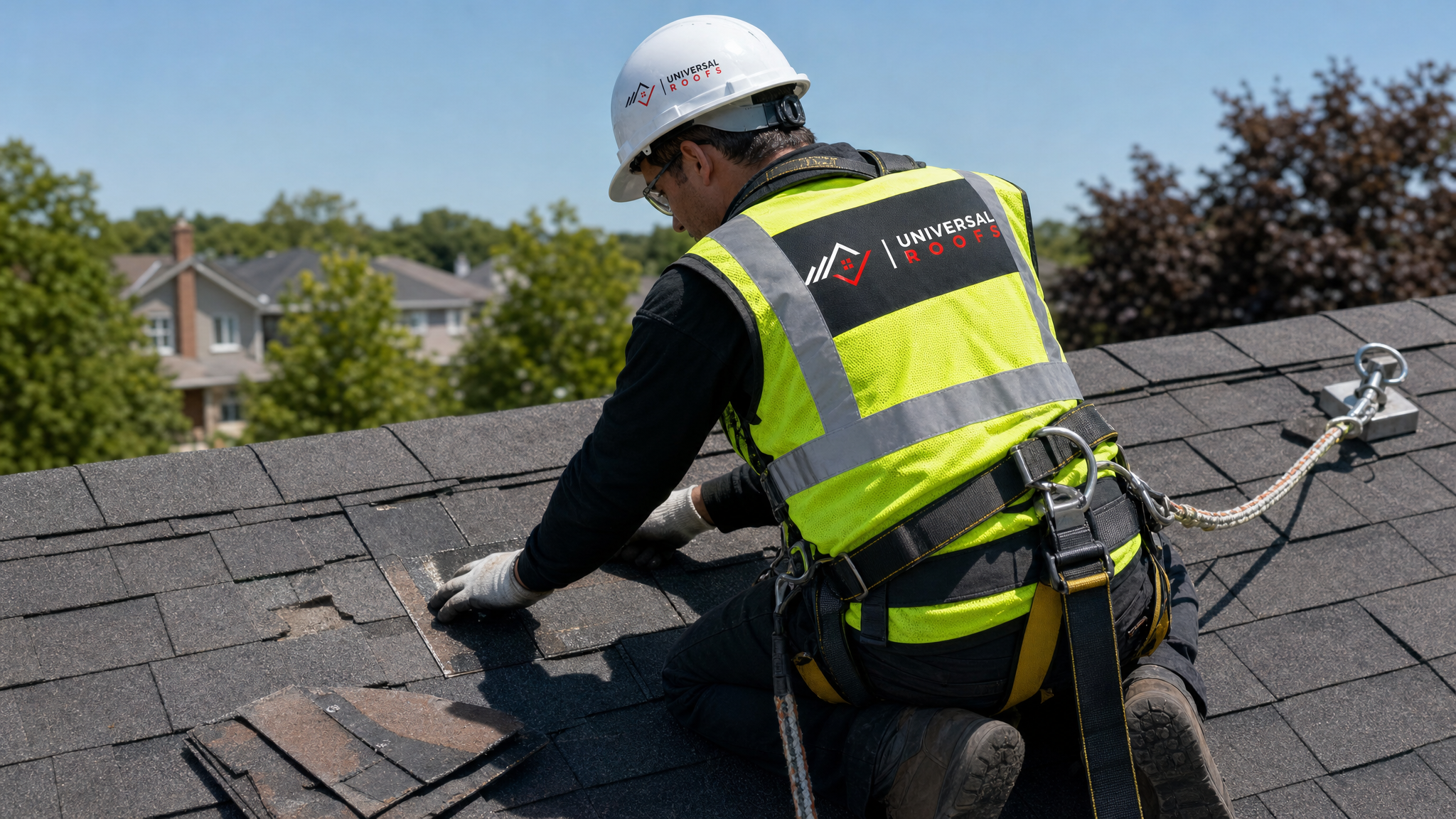 Roofer wearing full safety harness and PPE inspecting hail-damaged shingles on a residential roof in daylight