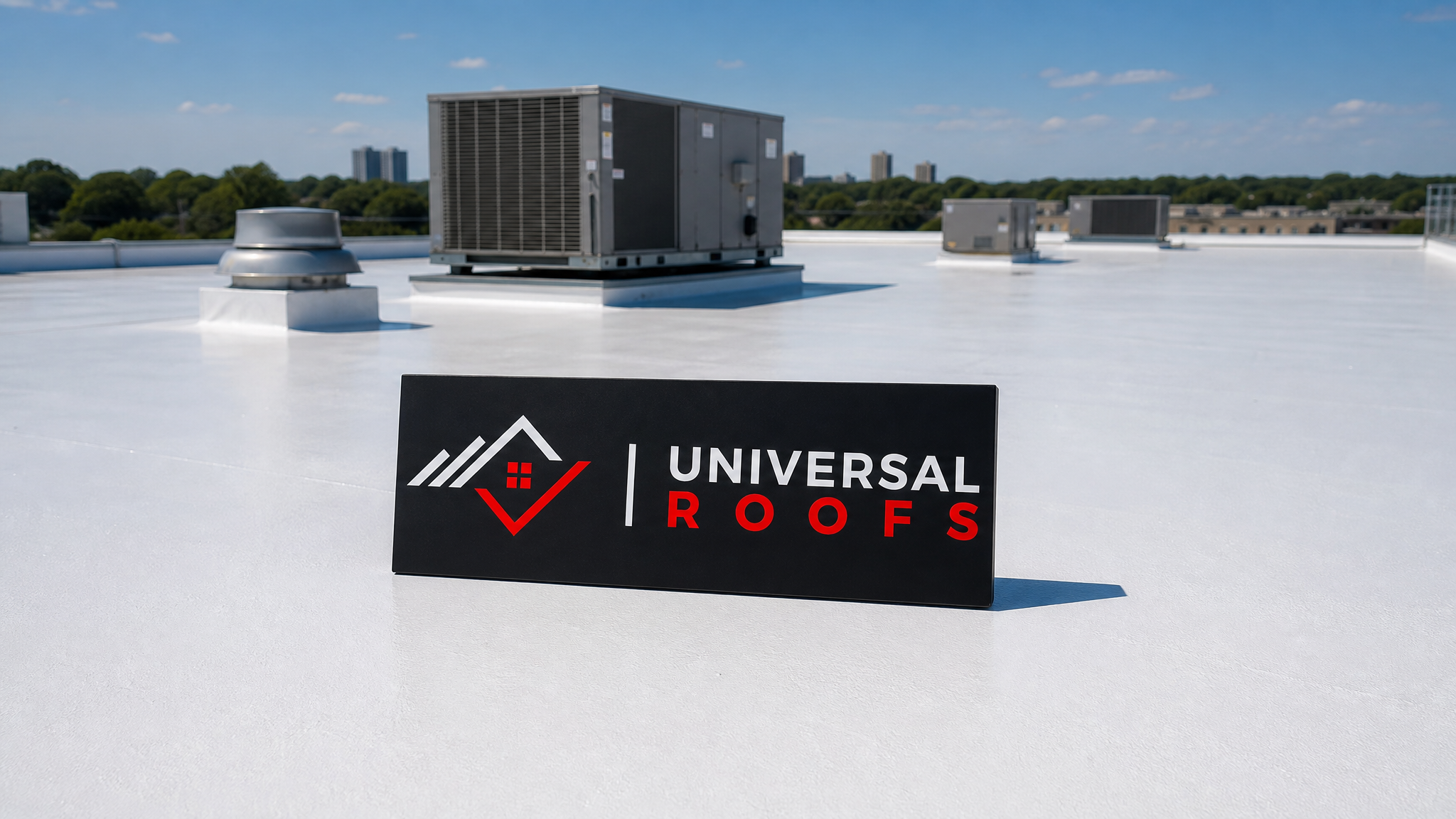 Finished commercial flat roof with a fresh reflective white roof coating under summer daylight in Toronto