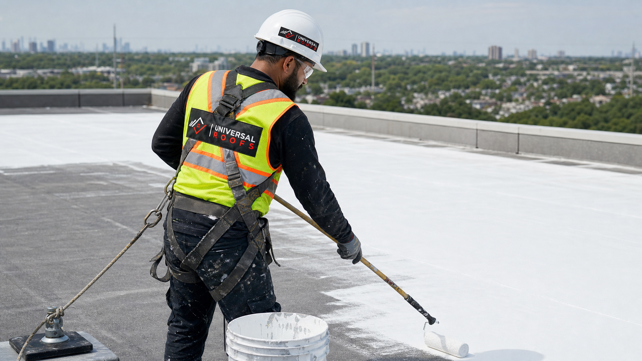 Roofer in full safety harness applying silicone roof coating with a roller on a commercial flat roof in Toronto