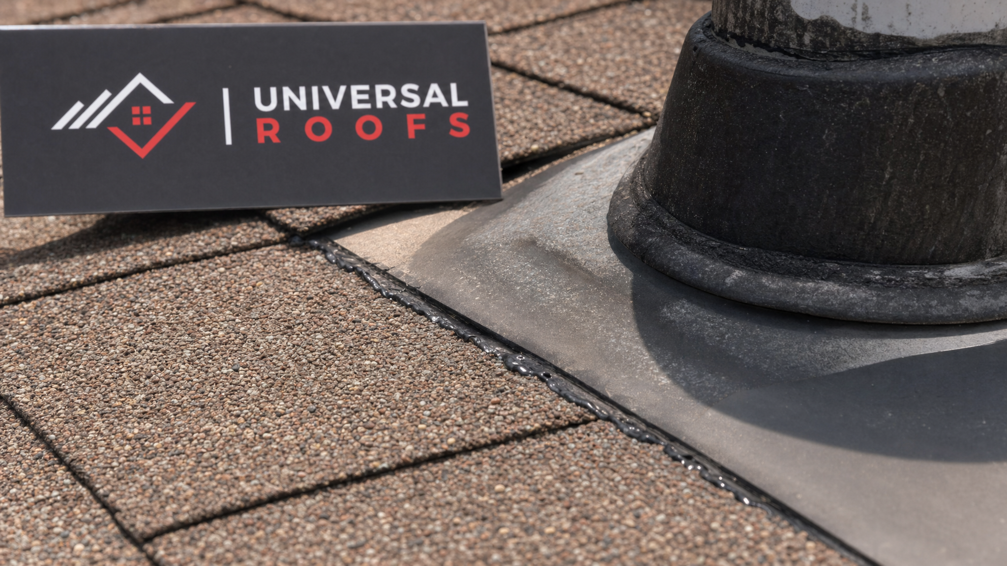 Close-up detail of roof flashing and shingle edge showing the precise point where a leak was traced and sealed, with a Universal Roofs branded sign placard nearby