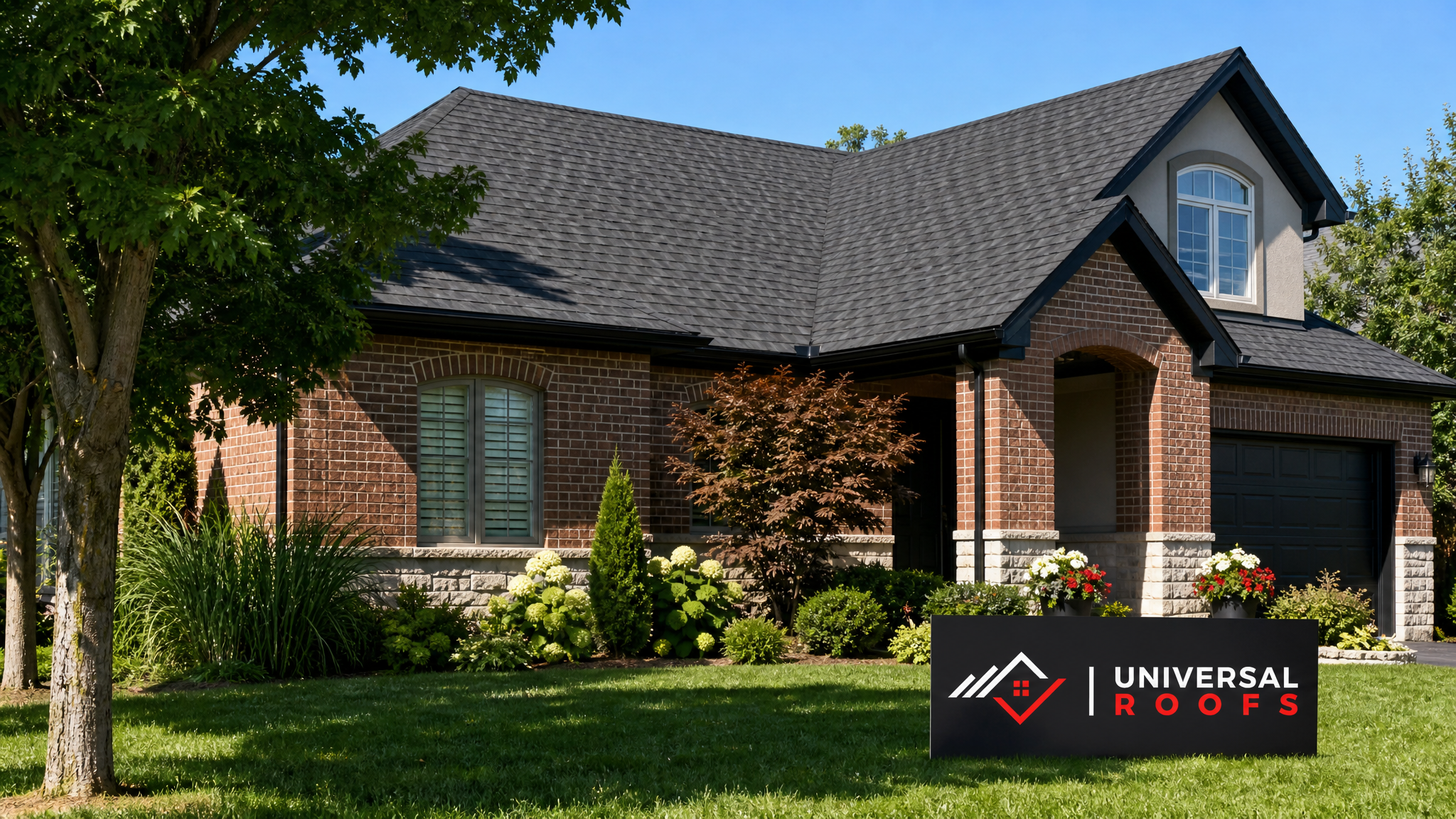 A dry, repaired residential roof in Toronto on a sunny summer day with a Universal Roofs branded sign placard resting on the lawn