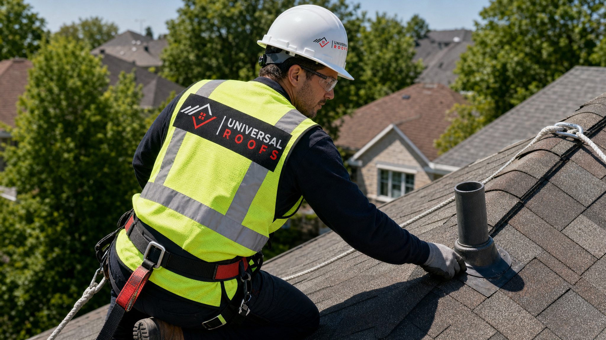 A roofer wearing a hard hat, high-visibility vest, safety glasses, gloves, and a fall-protection harness inspecting shingles and flashing on a sloped residential roof in daylight