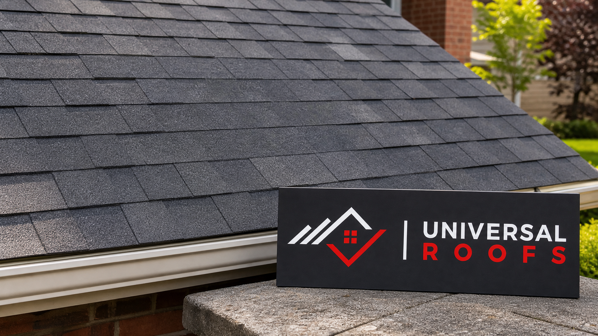 Freshly completed roof patch repair on a Toronto-area home roof in summer daylight with Universal Roofs sign placard