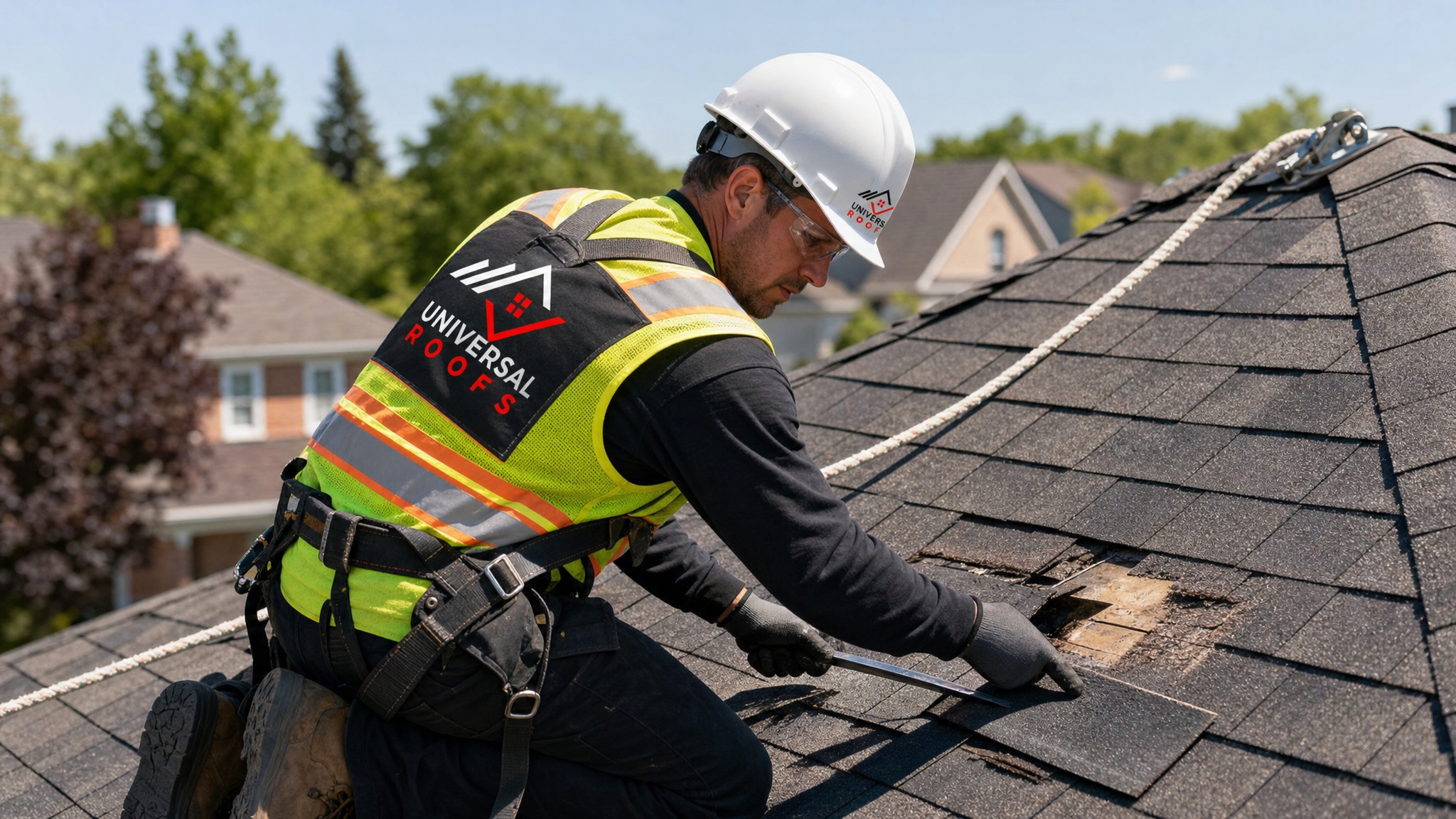 Roofer wearing full safety harness and PPE applying a roof patch on a sloped residential roof in Toronto