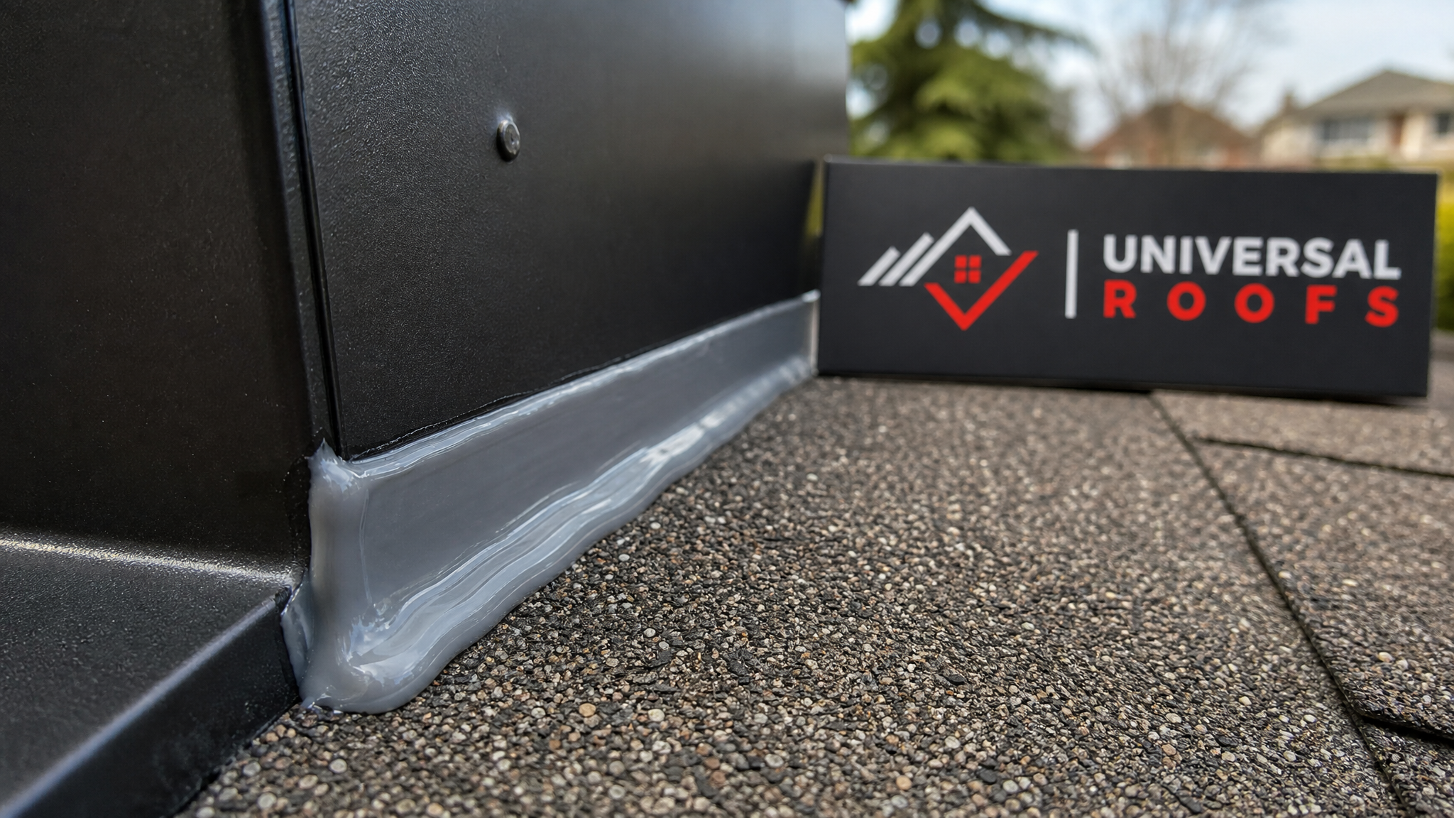 Close-up of a newly applied silicone roof sealant bead along a metal flashing joint with a Universal Roofs branded sign placard nearby