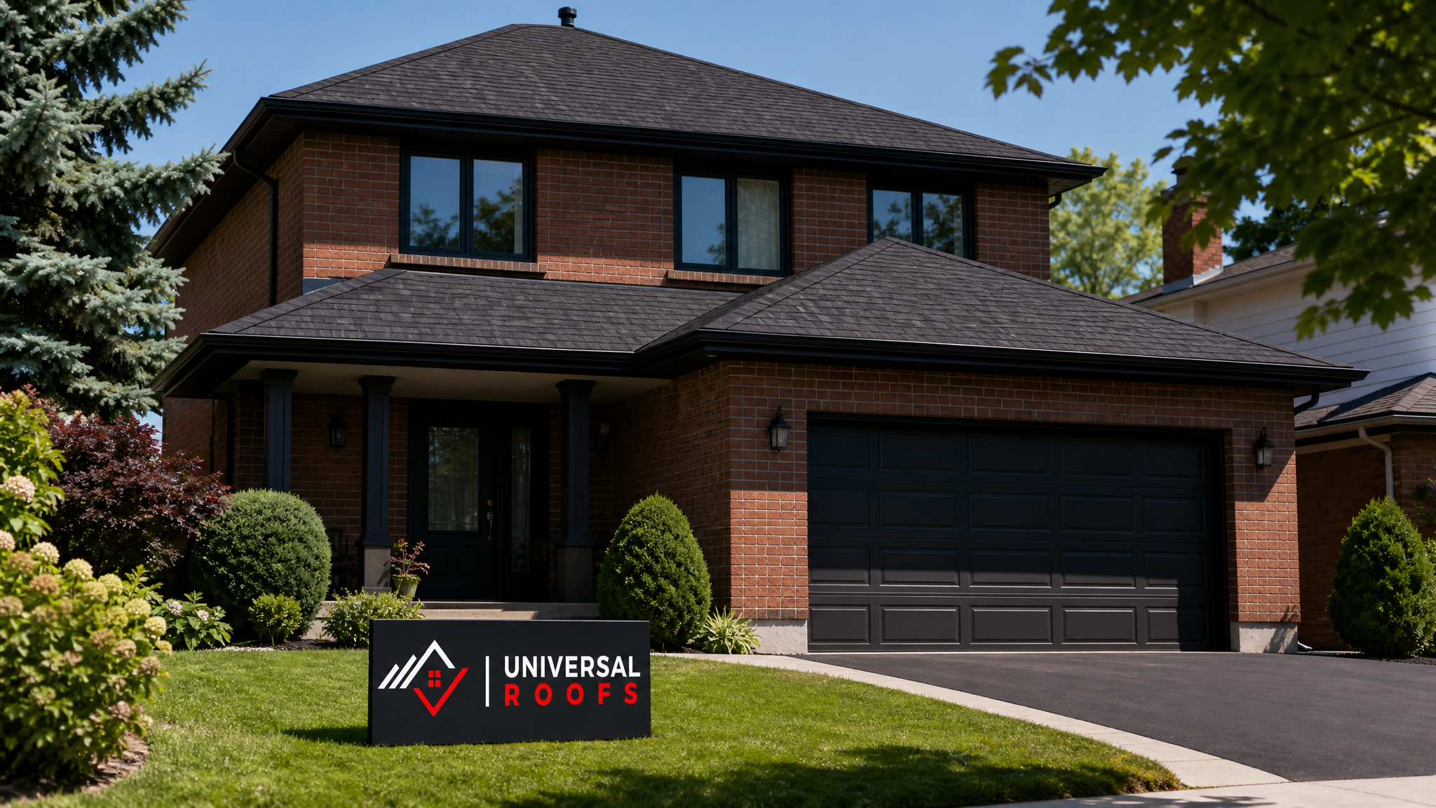 Freshly sealed asphalt shingle roof on a Toronto home glowing under summer daylight with a Universal Roofs branded sign placard resting nearby