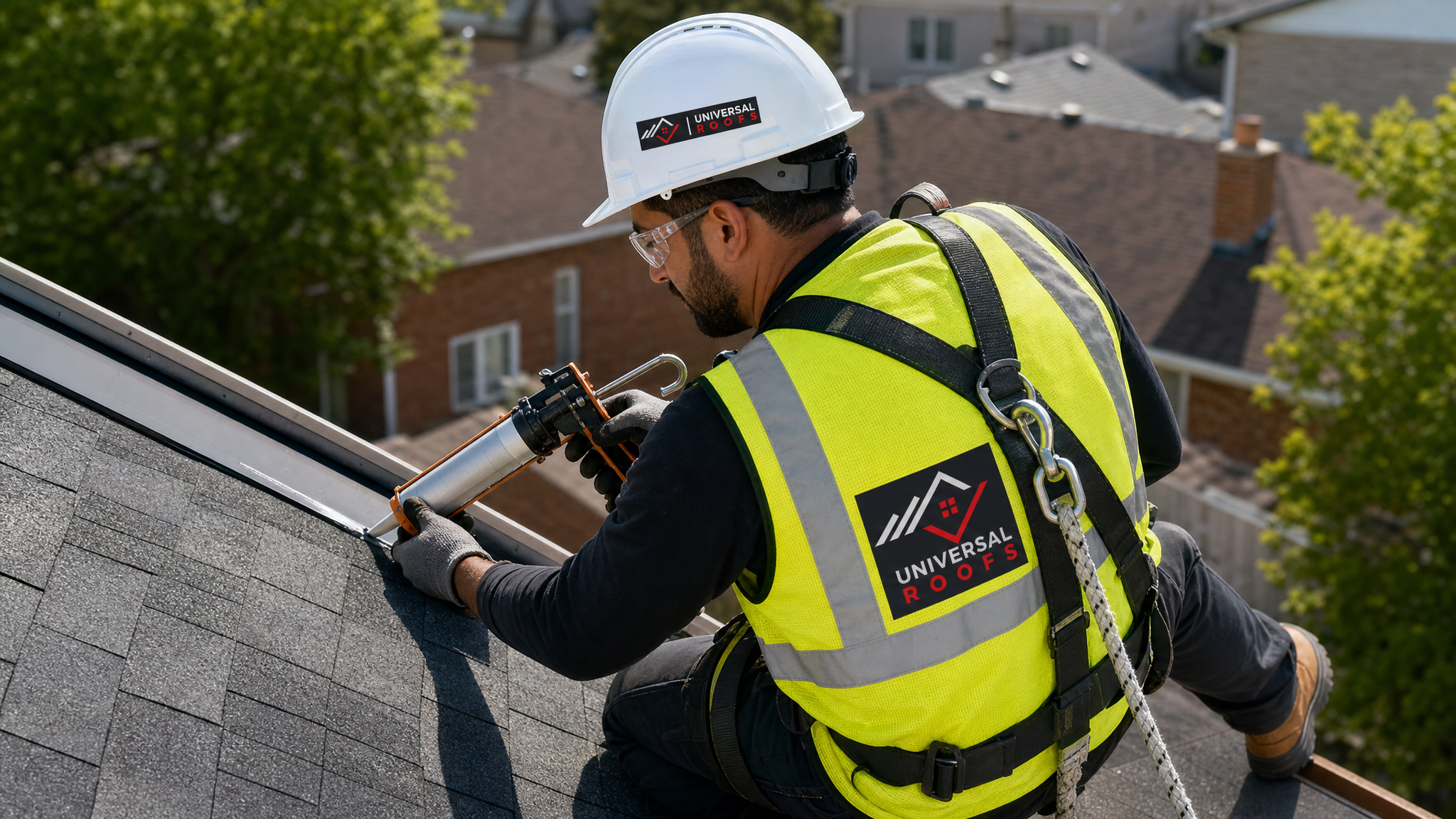 Roofing technician in full safety gear applying silicone roof sealant along a flashing seam on a Toronto home in summer