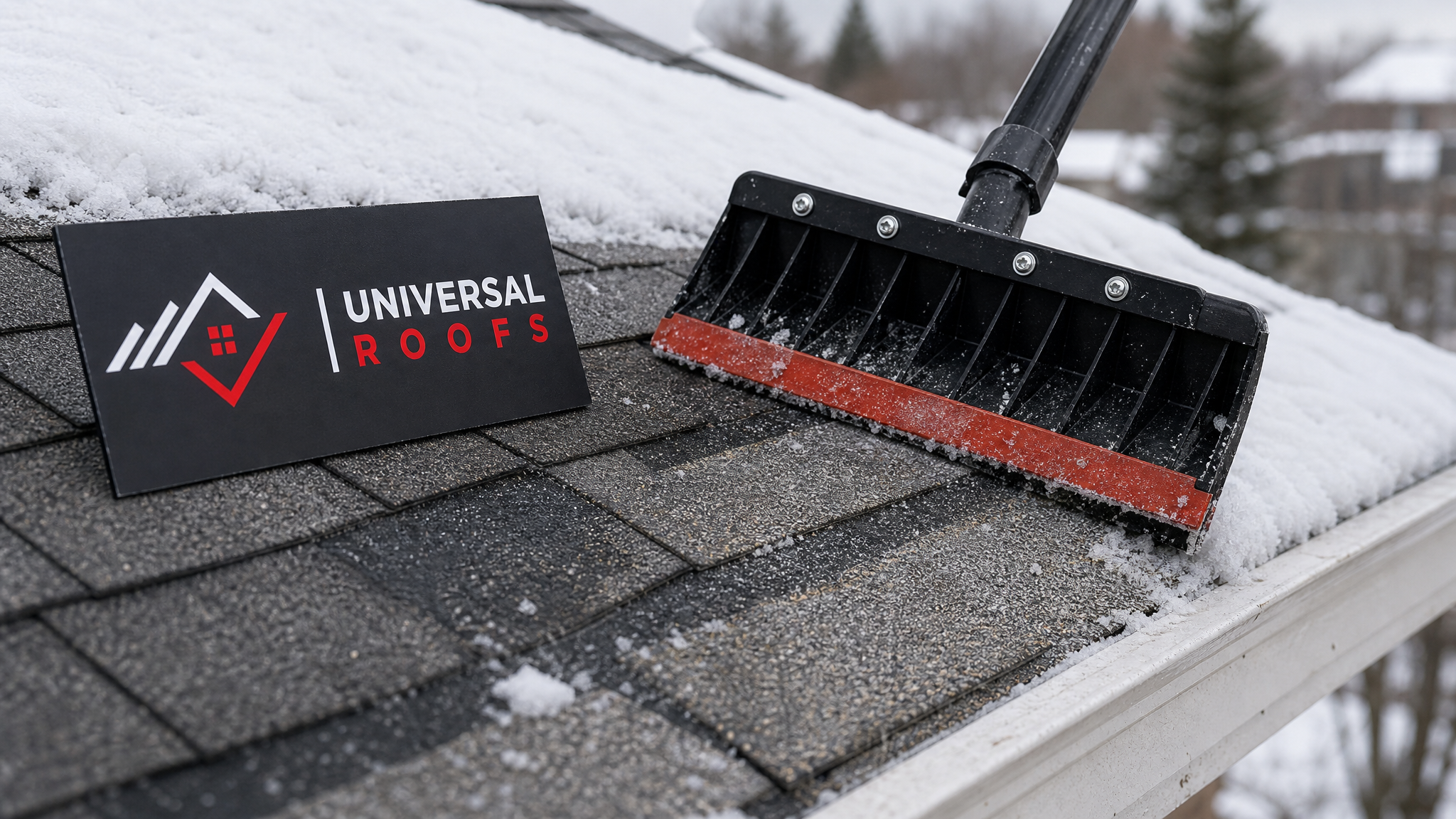 Close-up of a plastic-edge roof rake clearing snow at a shingle eave line, showing the buffer layer of snow left on the roof surface, branded sign placard beside the tools