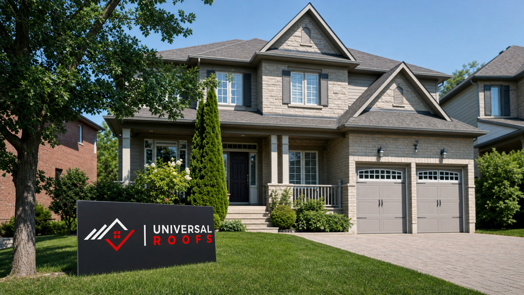 Snow-free residential roof in a Toronto neighbourhood after professional roof snow removal, summer daylight, with a branded sign placard resting on the lawn