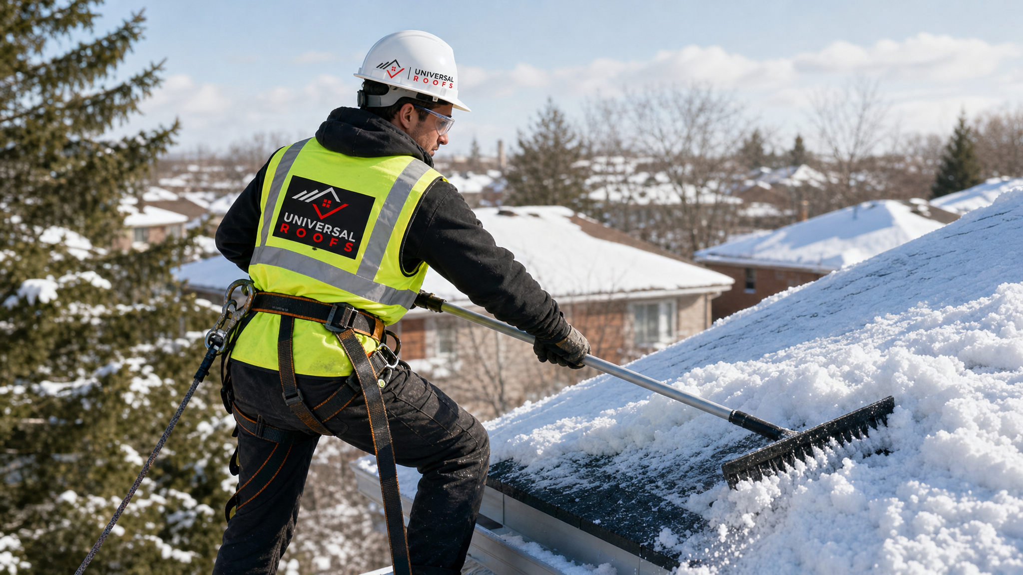 Roofing worker in full safety harness and PPE using a plastic roof rake to clear heavy snow from a residential roof edge in a Toronto suburb