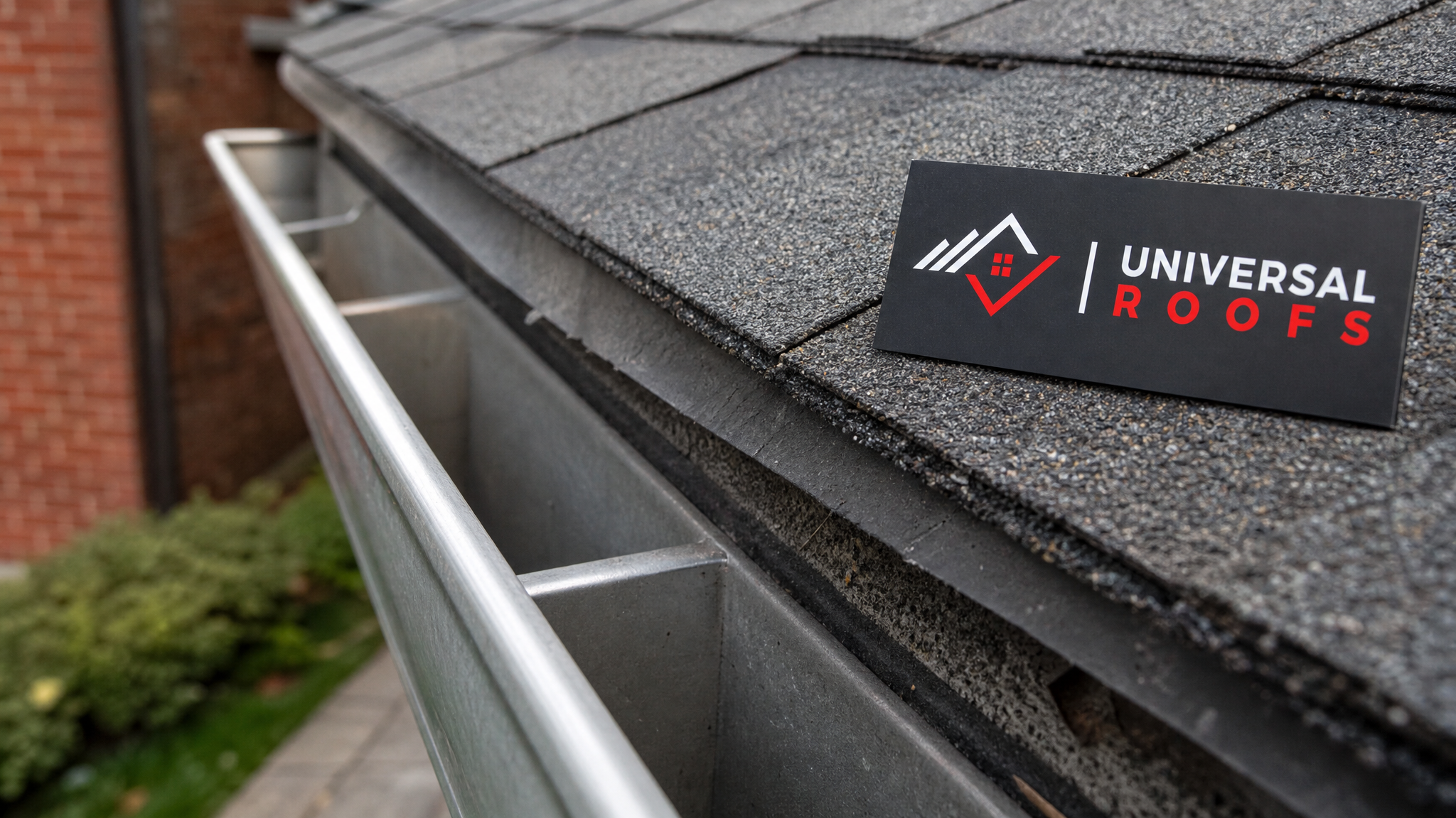 Close-up of an ice dam melting along an asphalt shingle eave and gutter edge during roof snow removal in Toronto