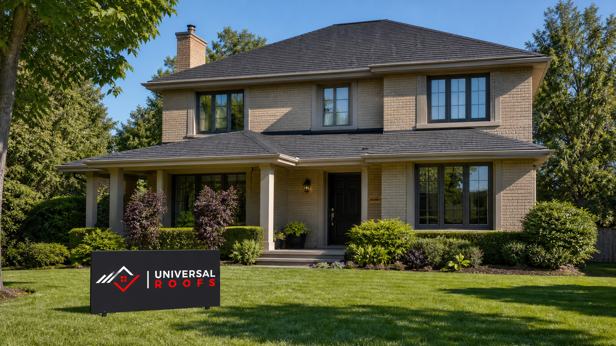 Snow-free asphalt shingle roof on a Toronto home after professional roof snow removal, sunny summer day