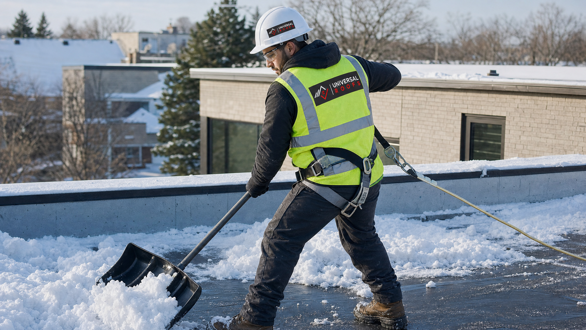 Roofer wearing full safety harness and PPE using a plastic snow shovel to clear snow from a flat roof in Toronto
