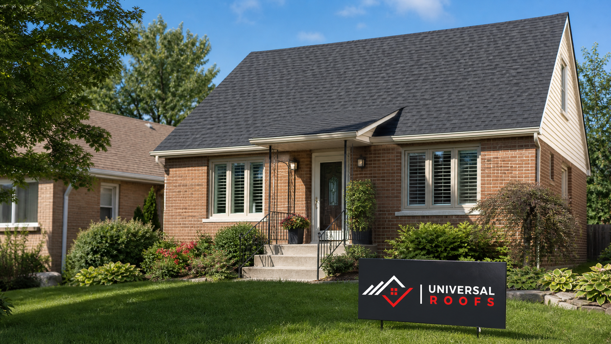 Fully repaired asphalt shingle roof on a Toronto-area home under clear summer sky with no visible wind damage