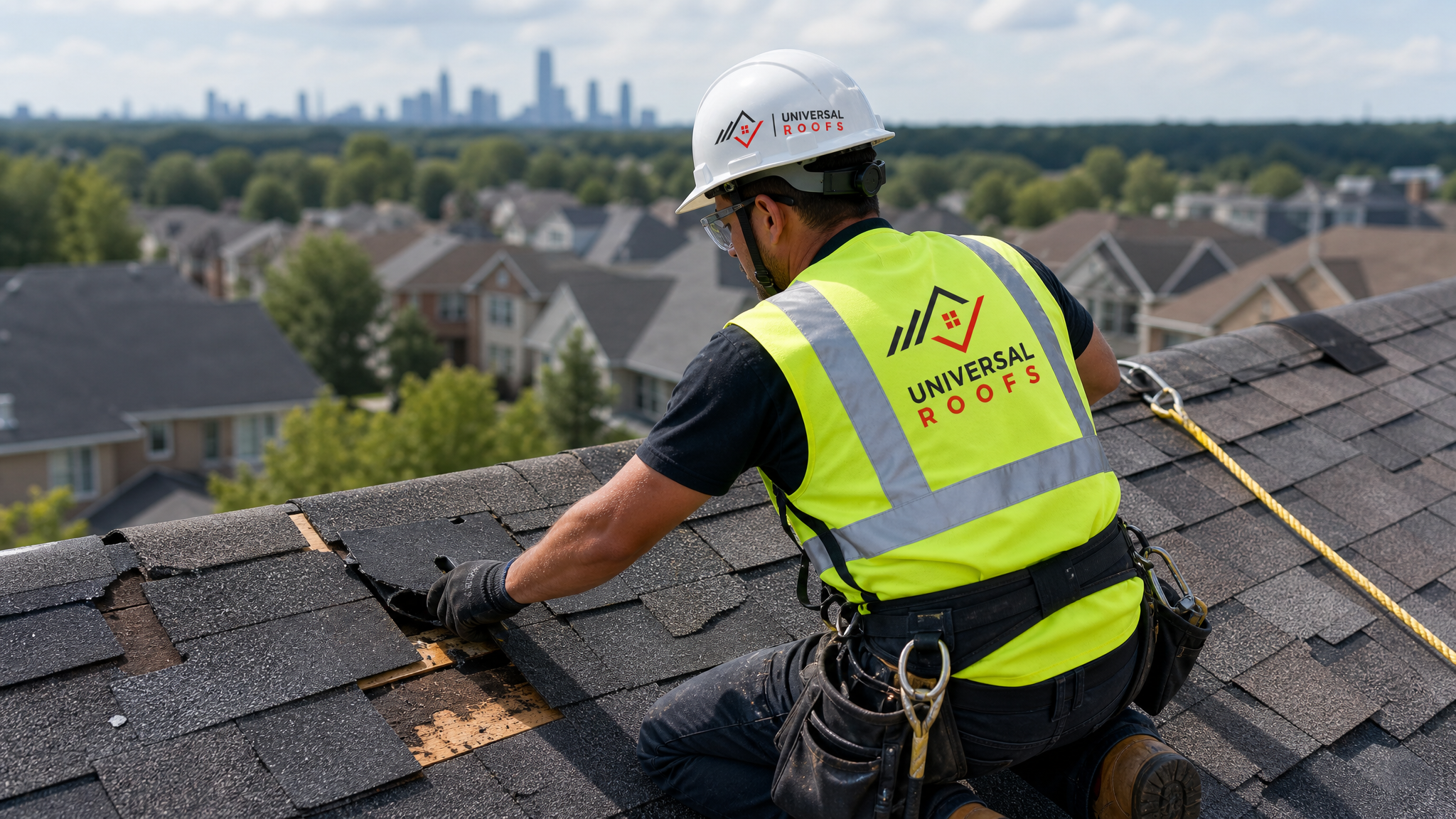 Roofer wearing full safety harness and PPE replacing wind-damaged shingles on a sloped residential roof in daylight