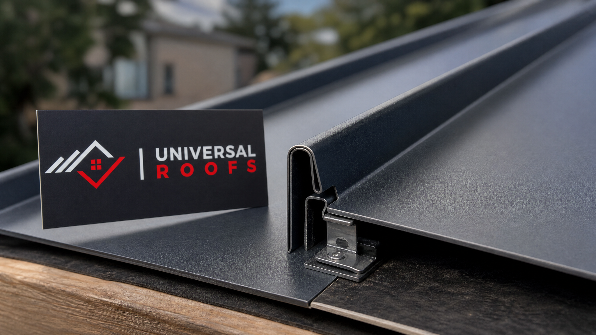 Close-up of interlocking standing seam metal roof panel edge with wind-rated clip fastening system