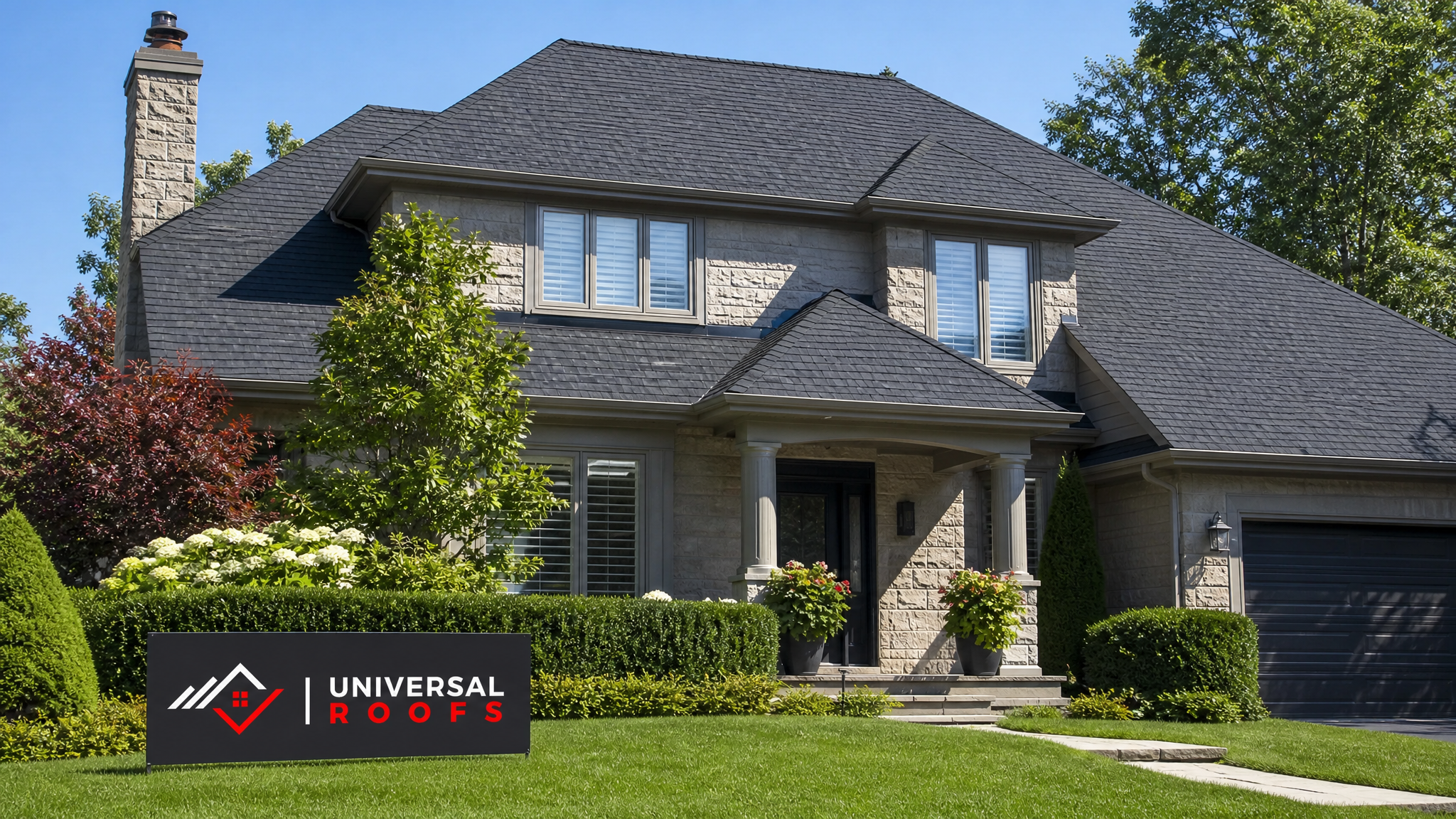 Newly installed wind-resistant asphalt shingle roof on a Toronto suburban home in summer daylight