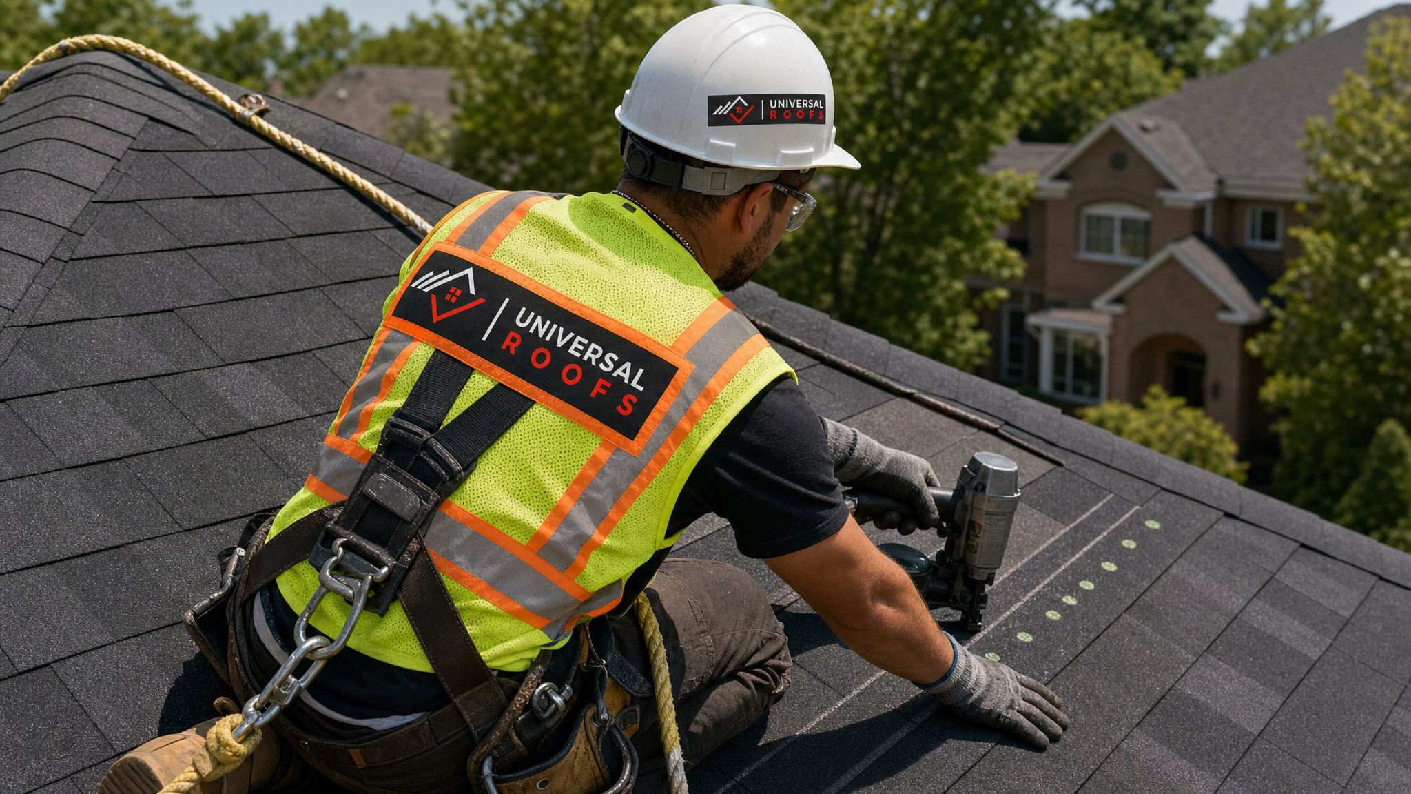 Roofer wearing full safety harness installing wind-rated shingles with a six-nail fastening pattern on a steep GTA roof