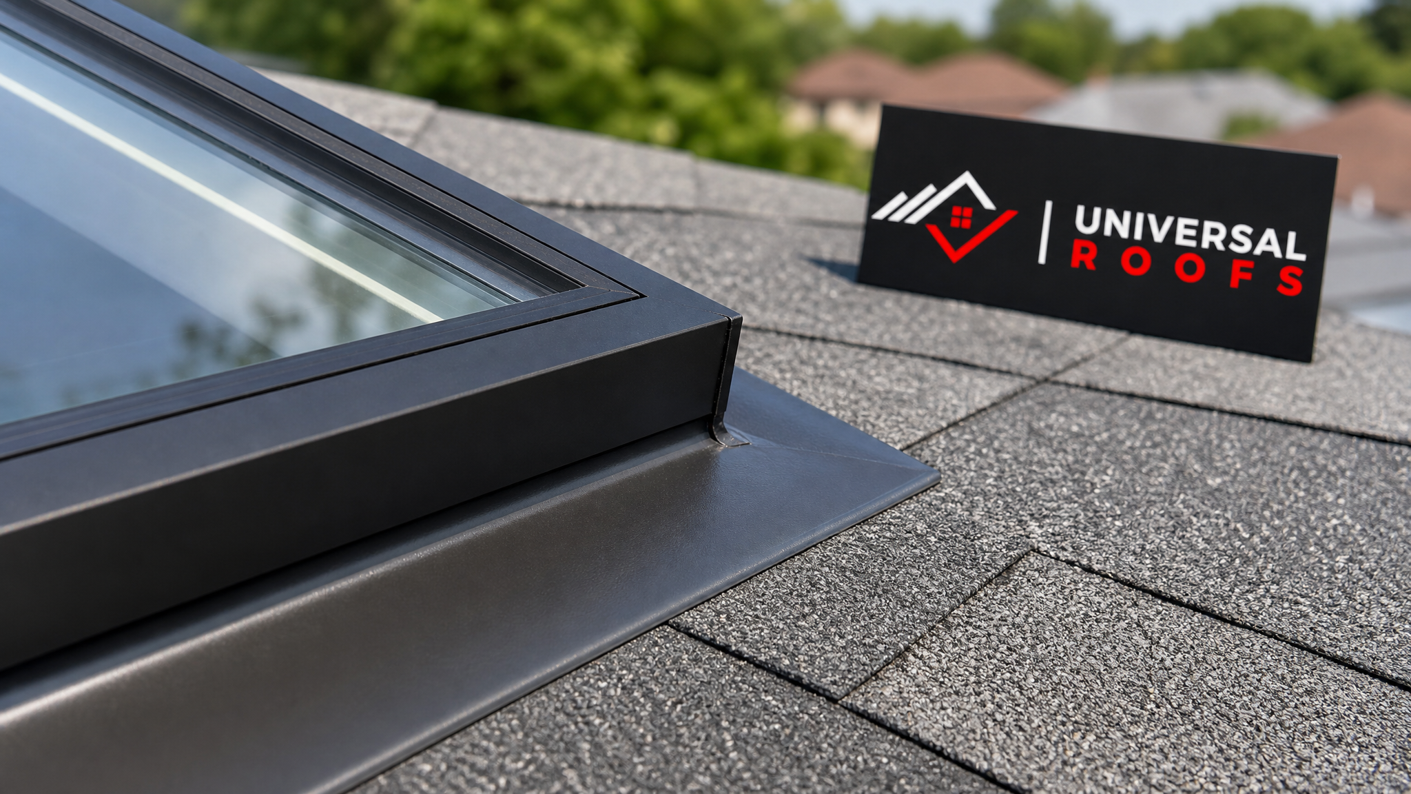 Close-up detail of a skylight frame corner showing clean, intact flashing and sealant against the roofing membrane