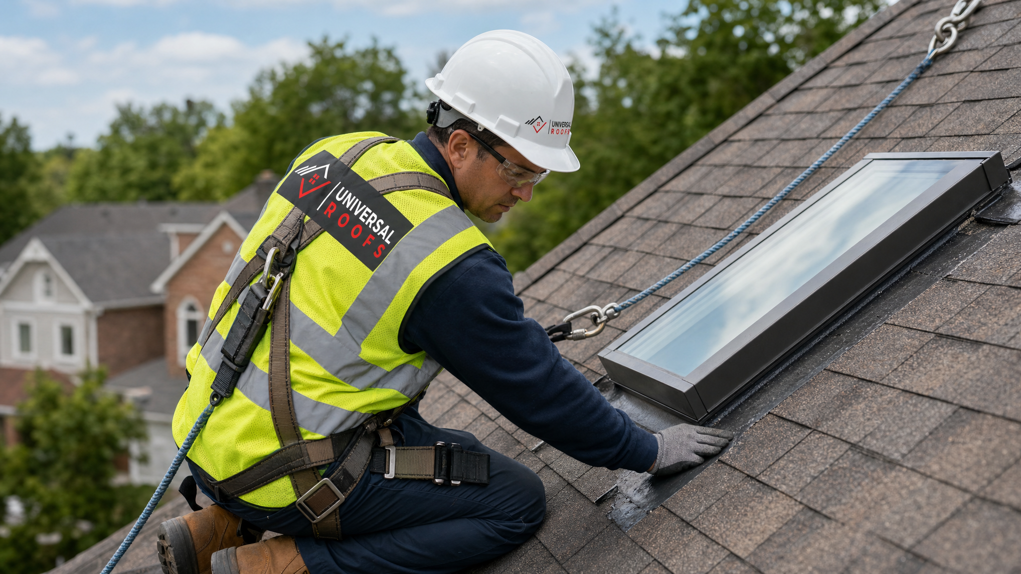 A roofing technician wearing full safety gear and a harness inspecting the flashing around a residential skylight on a sloped roof in Toronto