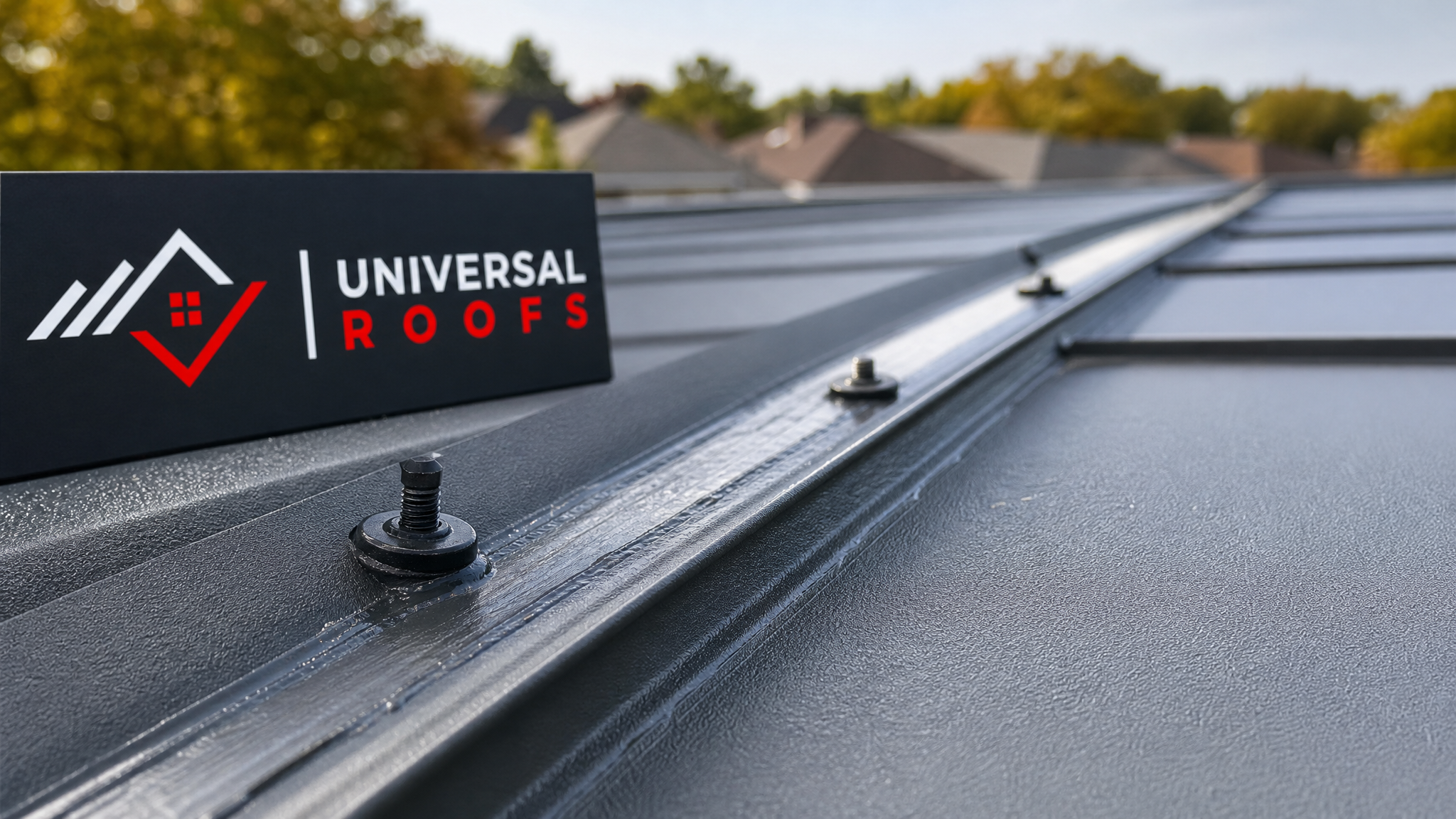 Close-up of a resealed standing seam metal roof joint with new corrosion-resistant fasteners and sealant