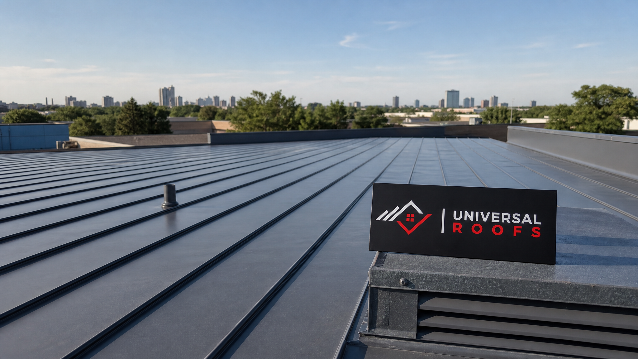 Freshly repaired commercial metal roof with sealed seams and clean panels under summer daylight in a Toronto industrial park