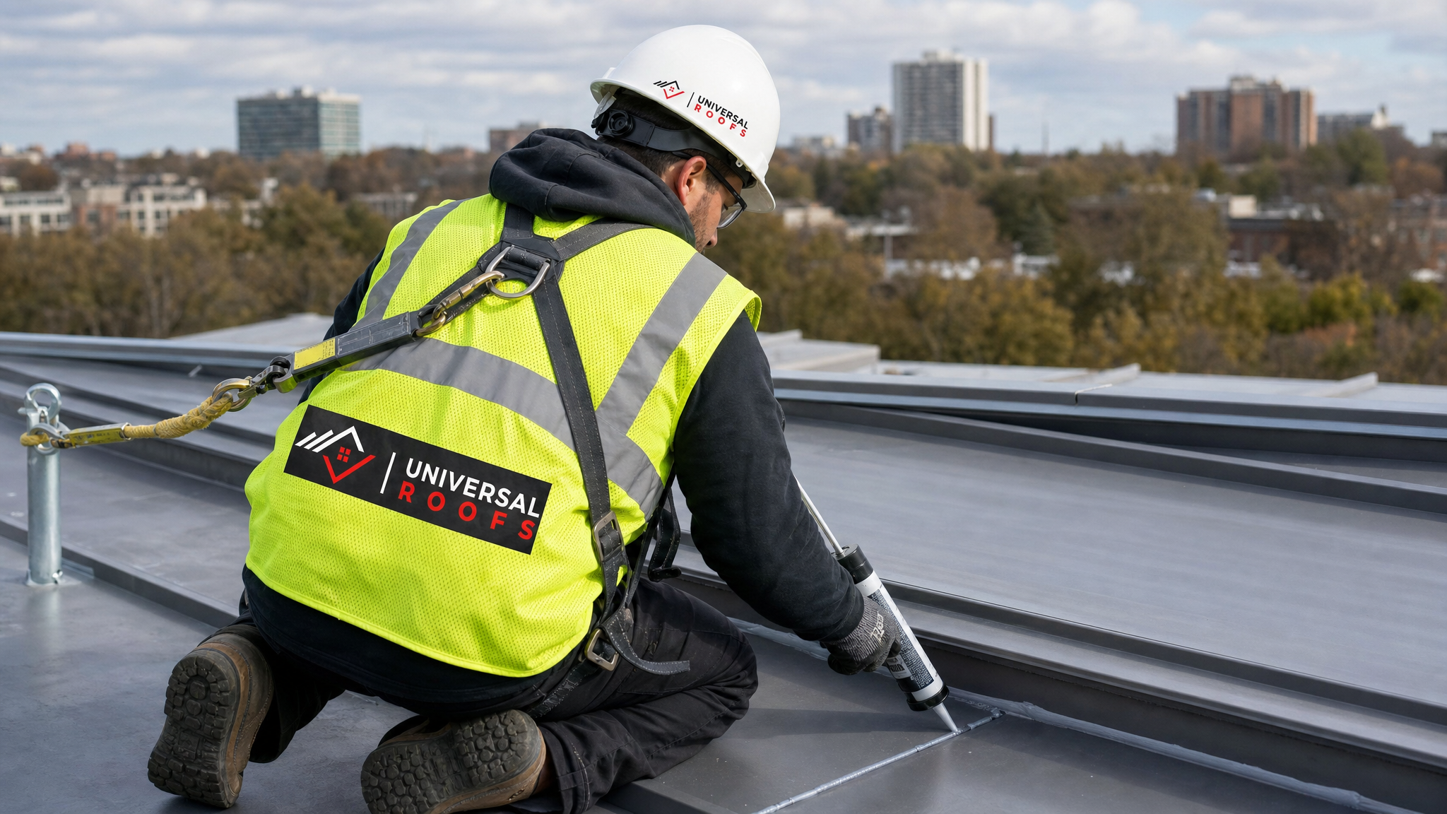 Roofer wearing full safety harness resealing a standing seam metal roof panel on a commercial building