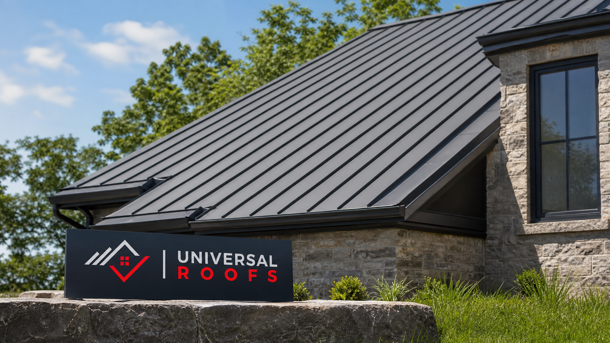 Fully repaired standing-seam metal roof panels on a Toronto home in summer daylight with a Universal Roofs sign placard resting nearby