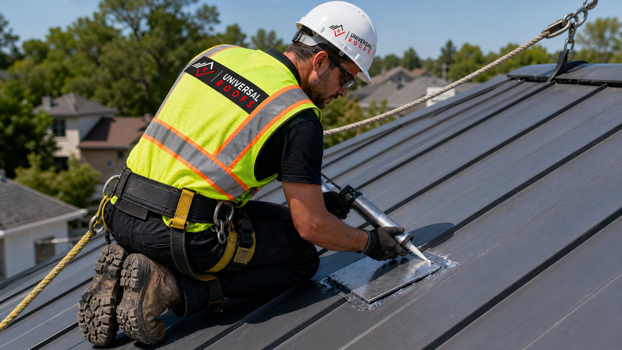 Roofer wearing full safety harness and PPE patching a puncture in a metal roof panel on a Toronto home in daylight
