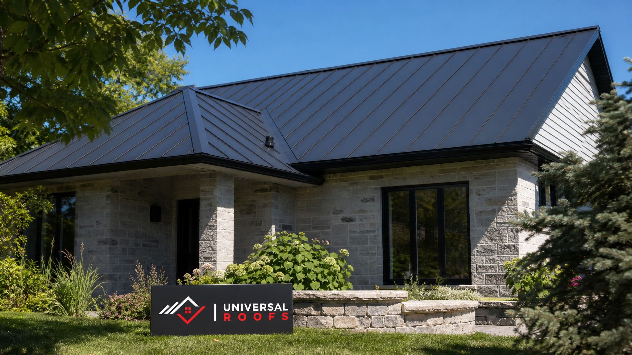 A fully repaired residential metal roof in Toronto with clean, sealed seams and no visible damage, photographed in bright summer daylight, with a Universal Roofs branded sign placard resting nearby