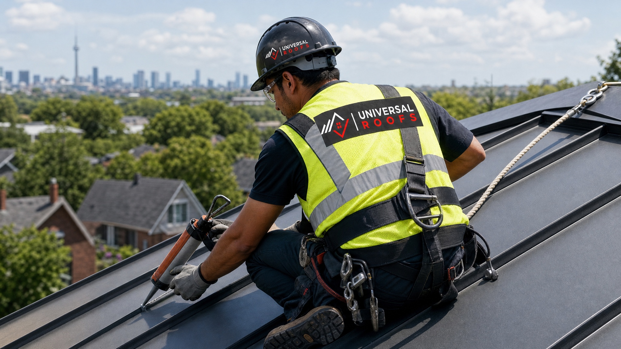 A roofer wearing a hard hat, high-visibility vest, safety glasses, gloves, and a fall-protection harness with safety rope applying sealant to a metal roof seam on a Toronto home in daylight