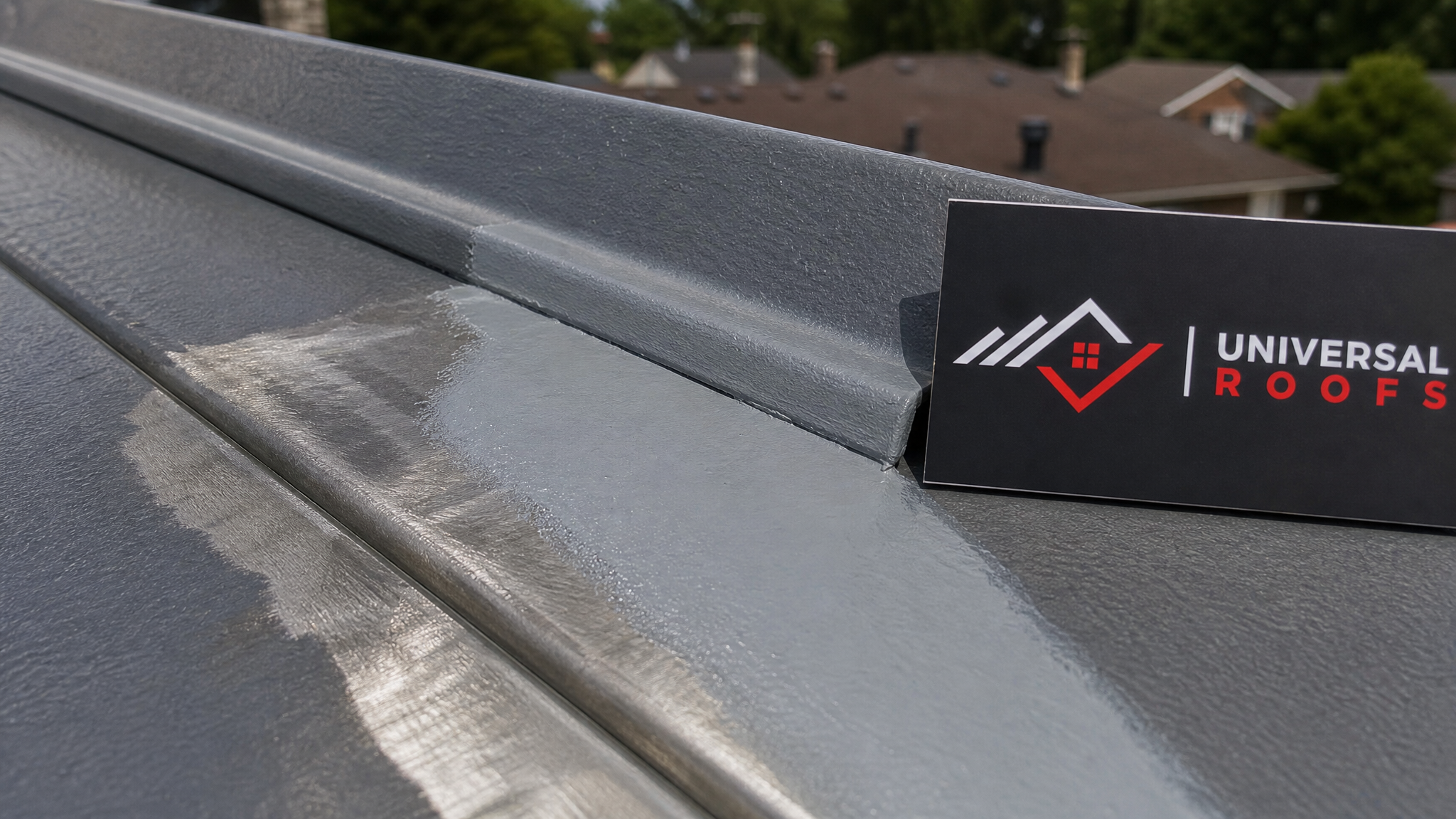 Close-up of a metal roof seam showing zinc-rich primer applied over treated bare steel