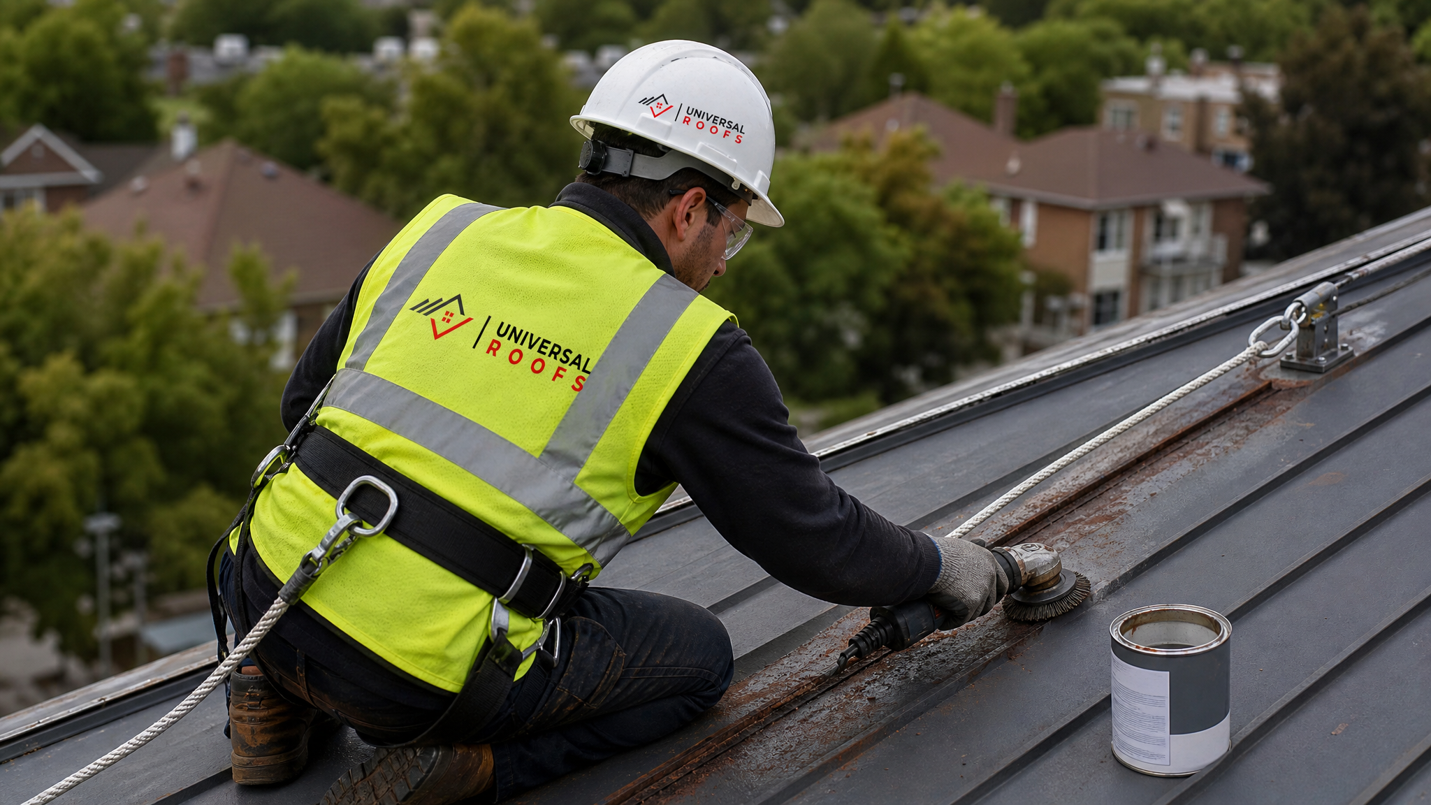 Roofer wearing full safety harness treating a rusted metal roof panel with a wire brush and primer
