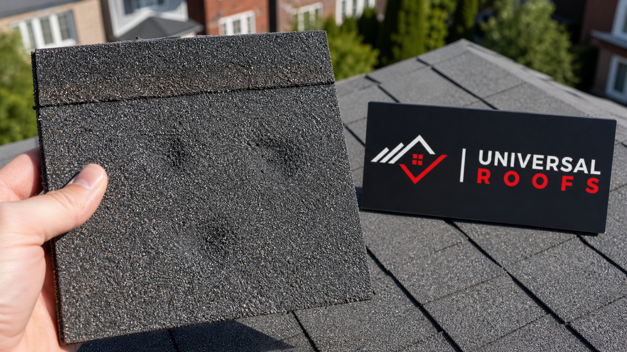 Close-up of Class 4 impact-resistant asphalt shingle showing reinforced granule surface, hand holding sample